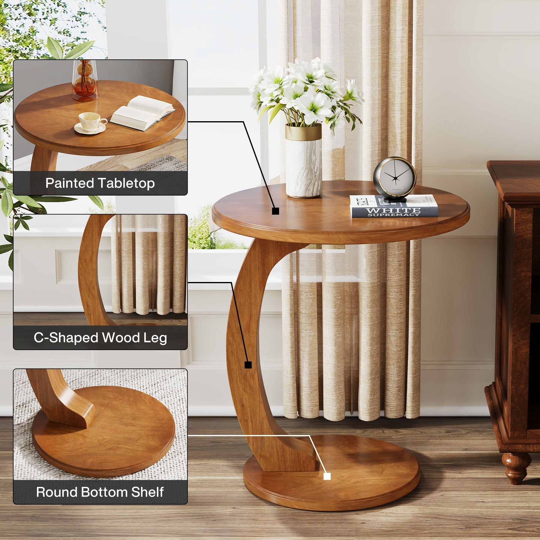 C-Shaped End Table, Round Solid Wood Side Table for Living Room