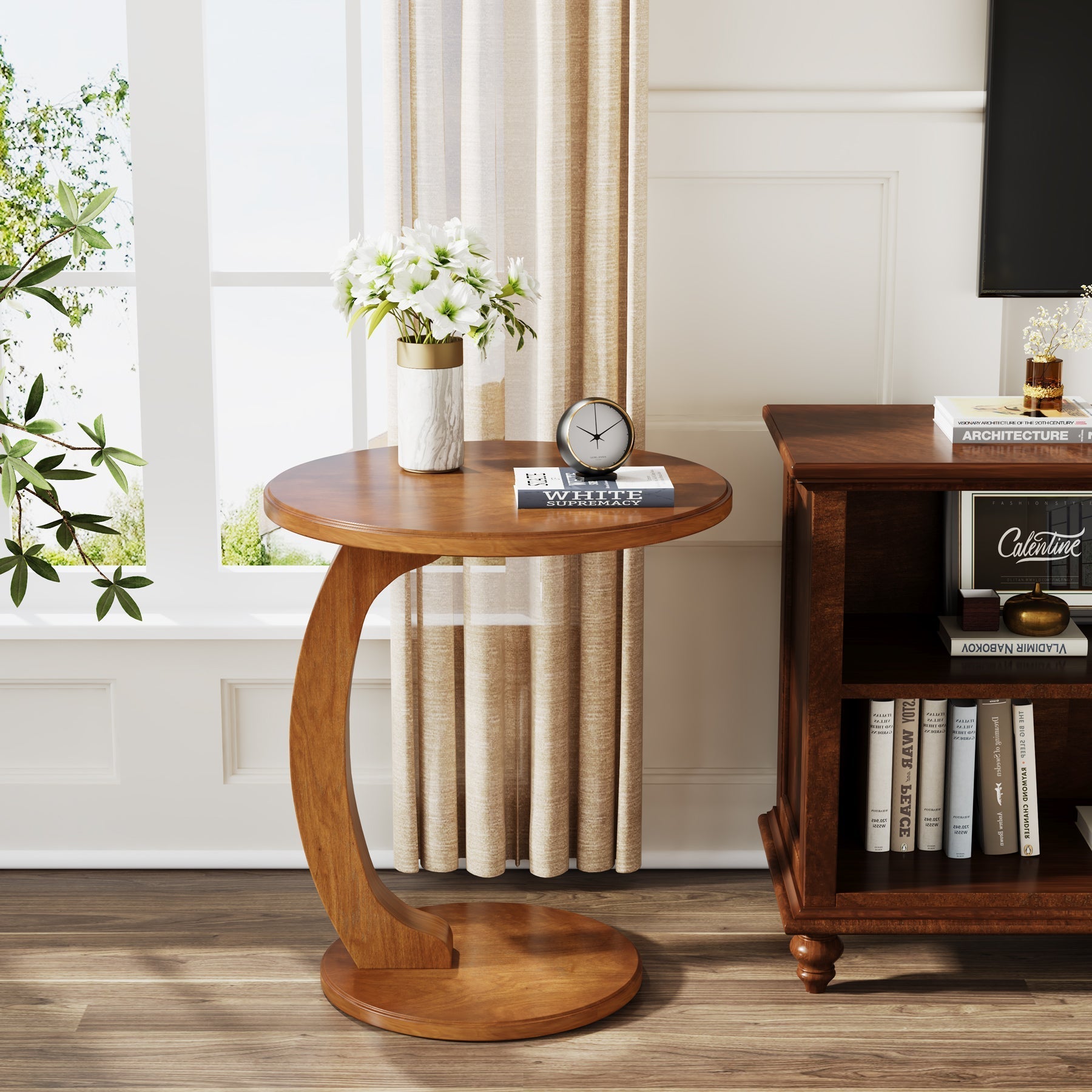 C-Shaped End Table, Round Solid Wood Side Table for Living Room