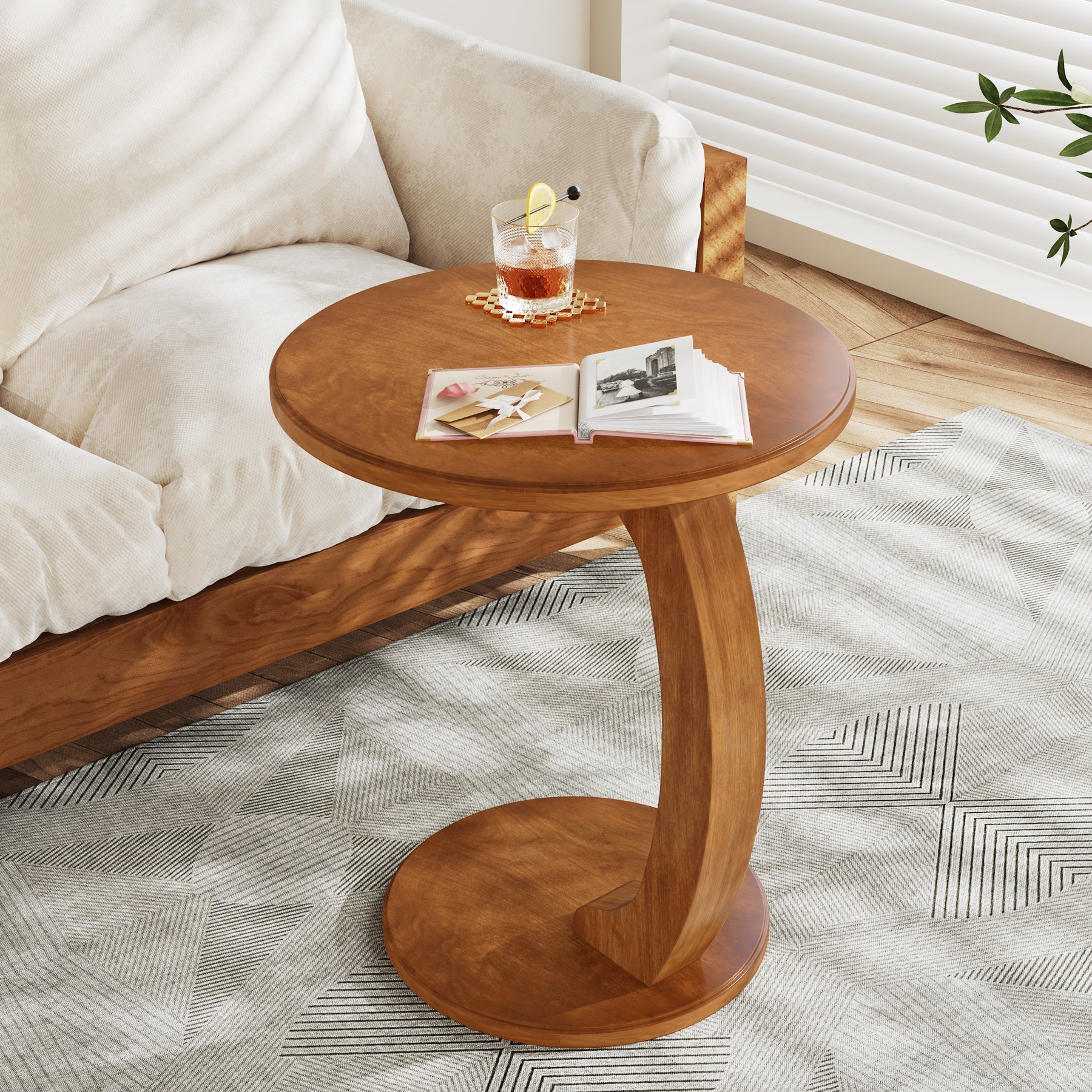 C-Shaped End Table, Round Solid Wood Side Table for Living Room