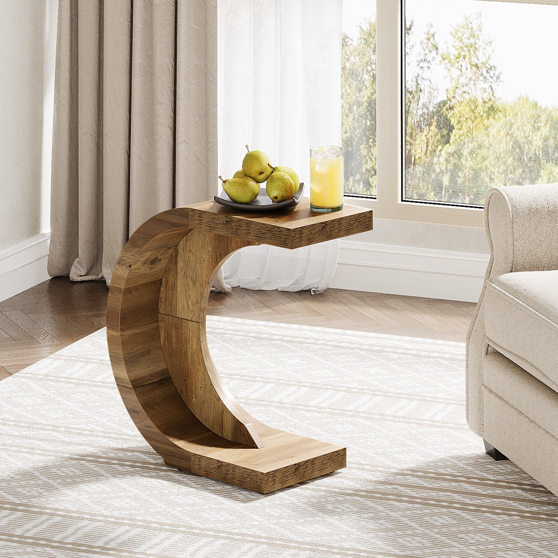 C-Shaped End Table, Wood Side Table for Couch Sofa