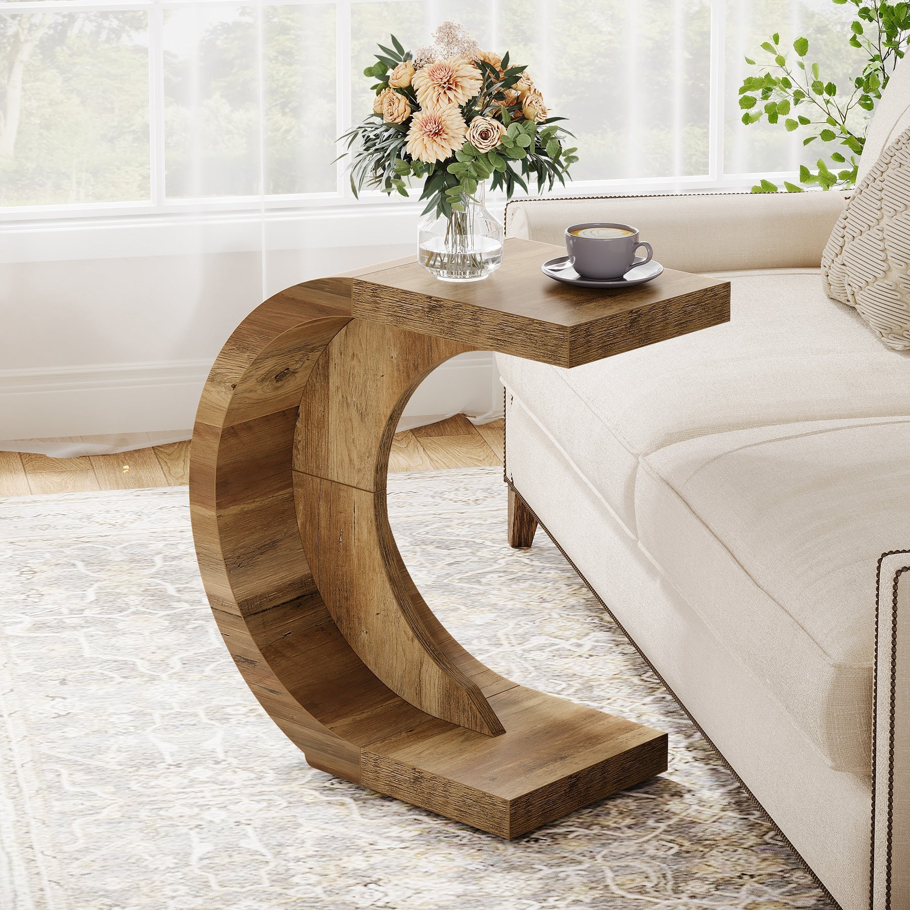 C-Shaped End Table, Wood Side Table for Couch Sofa