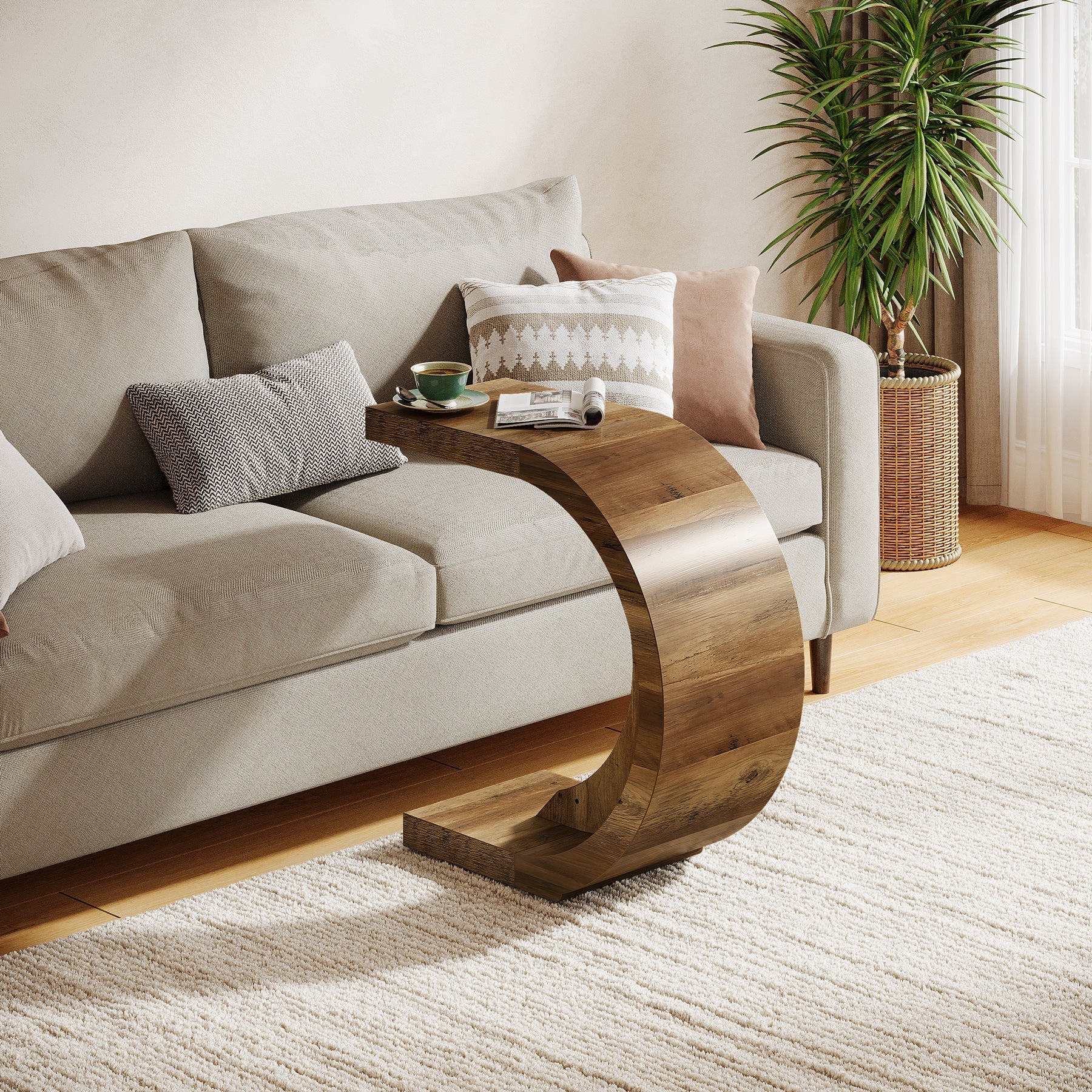 C-Shaped End Table, Wood Side Table for Couch Sofa