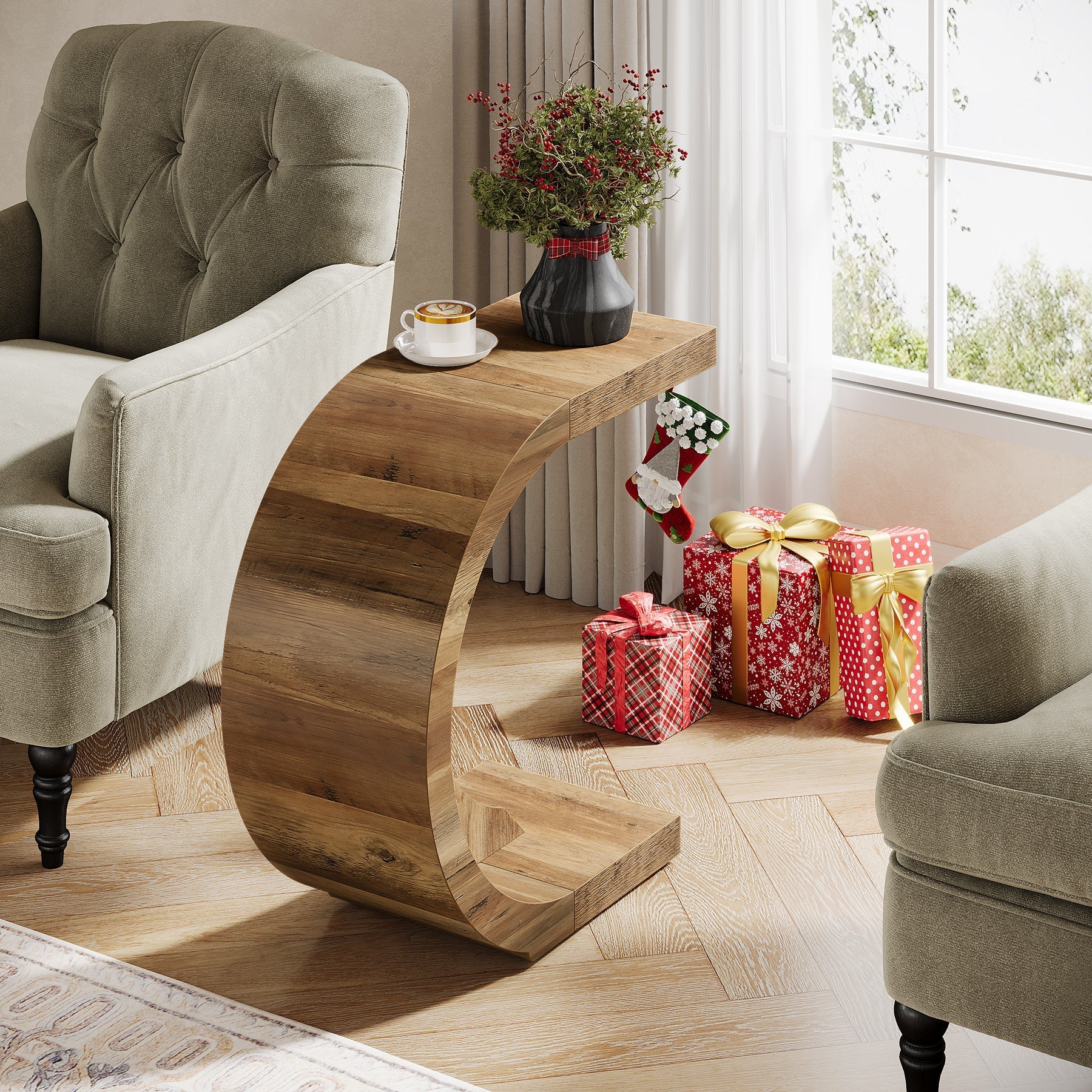 C-Shaped End Table, Wood Side Table for Couch Sofa