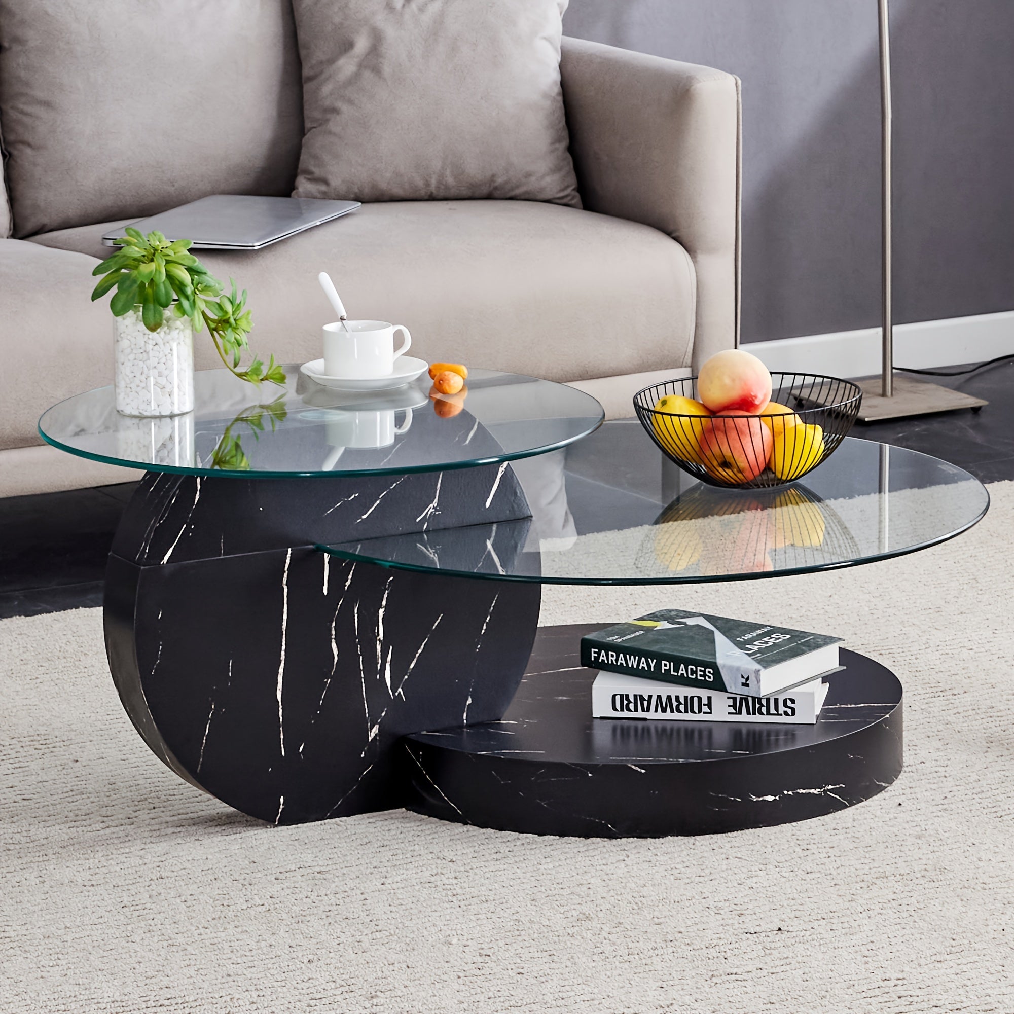 Modern And Practical Double-deck Round Table. Glass Countertop, Wood Color MDF Table Legs. Suitable For Living Room And Bedroom