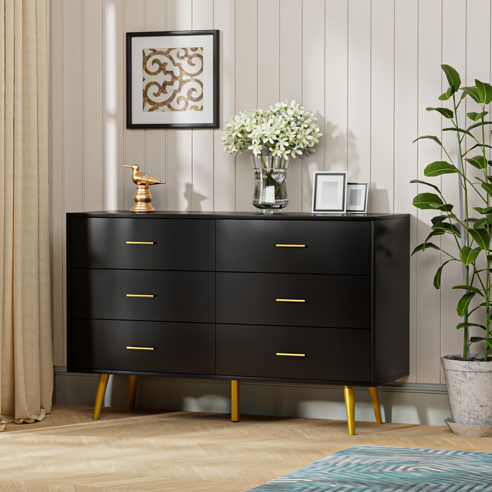 6-Drawer Dresser, Modern Wooden Chest with Wide Drawers, Golden Metal Handles, Ample Storage, ≥3.2 Cubic Feet Capacity, ≥27" Height, with No Electricity Required, for Bedroom, Hallway, Entryway, Storage Drawer U