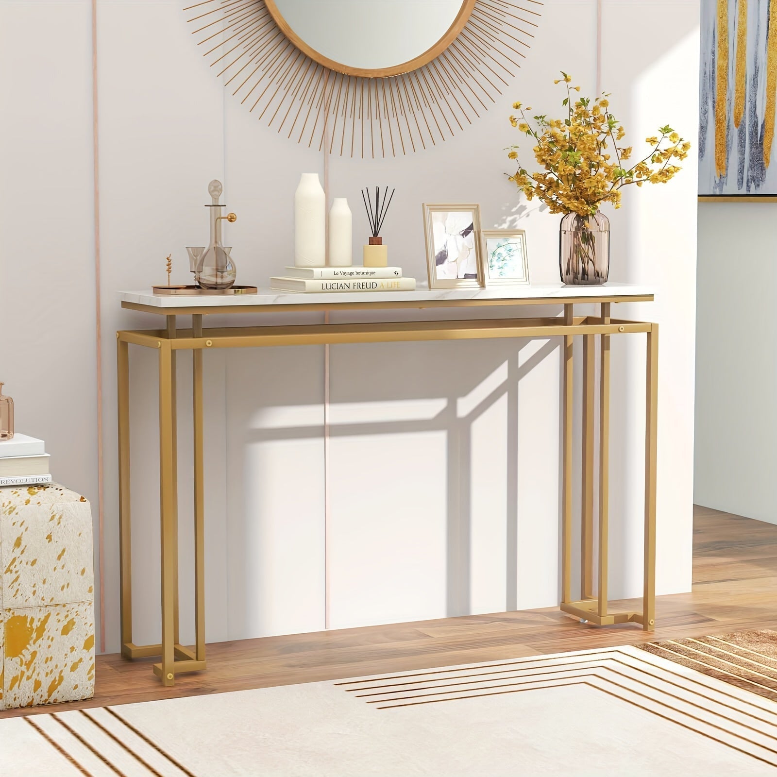 Elegant 120 cm White Faux Marble Top Console Table with Golden Metal Frame - Modern Entryway Table with Anti-Toppling Kit, Adjustable Feet for Stability, Waterproof & Durable - Perfect for Decor & Everyday Use, Console Table for