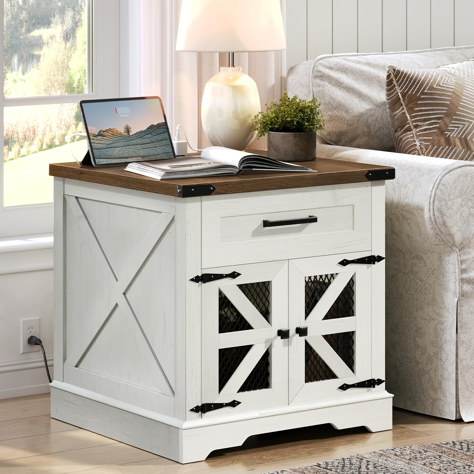 White Farmhouse End Table With Charging Station, 24" Large Sofa Side Table With Drawer, Large End Table For Living Room, Wooden Nightstand With Outlet, Square, White And Walnut