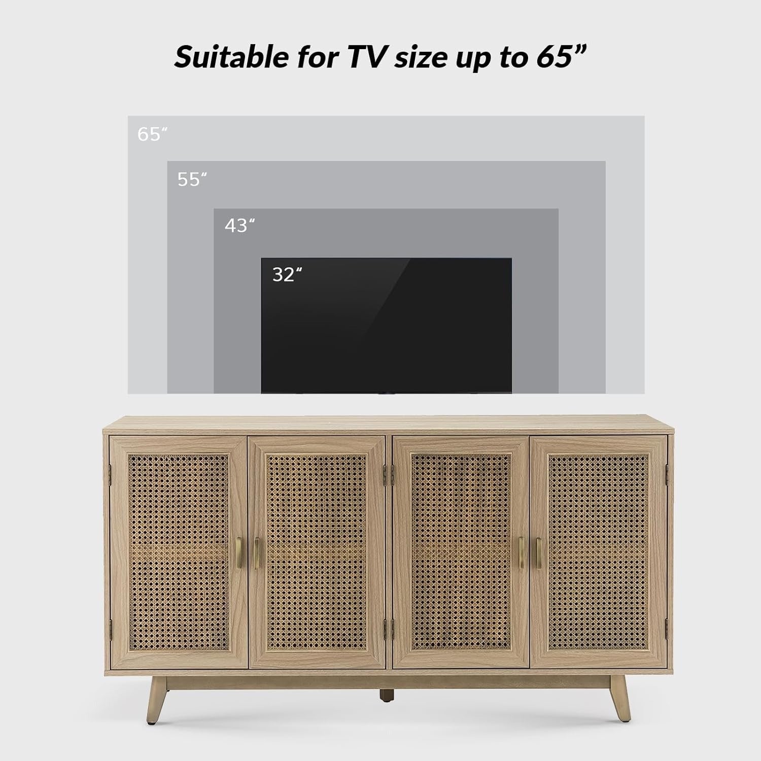 Farmhouse TV Stand with Adjustable Legs - White, Fits TVs Up to 165cm, Rattan Accents & Wood Construction, Perfect for Halloween/Christmas/New Year's Decor