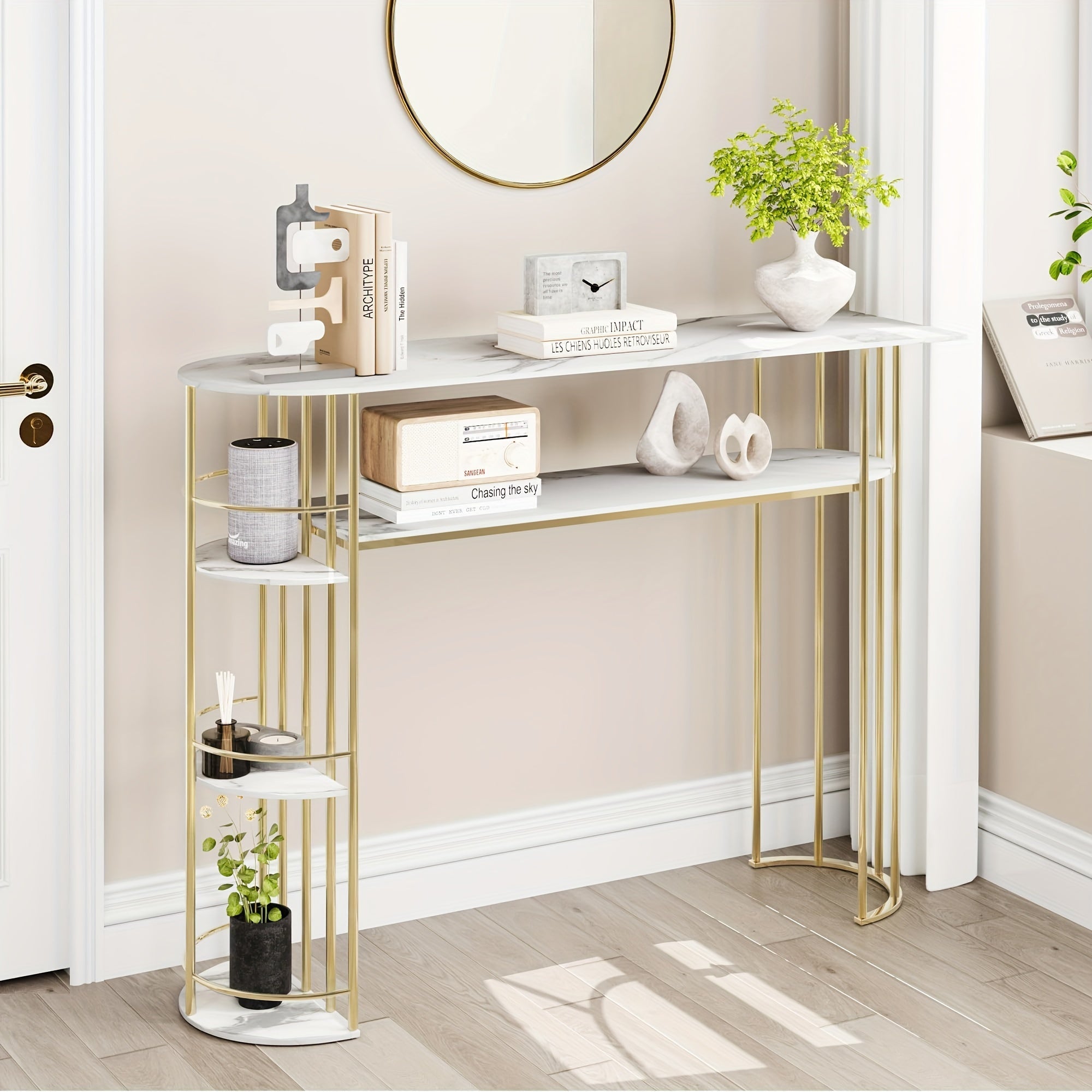 Gold Console Table, Narrow Entryway Table With Storage And Shelves, 110.5 cm Behind Couch Table For Living Room, Foyer, Or Bedroom