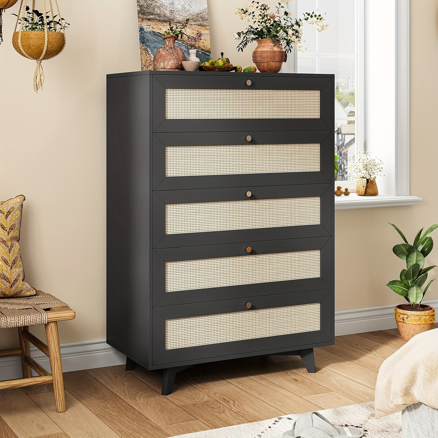 Modern Tall Bedroom Dresser Rattan Dresser For Bedroom With 5 Drawer Chest Of Drawers For Living Room