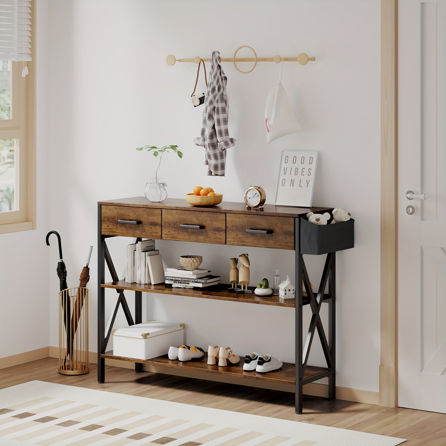 Functional 119.4 cm Console Table, Industrial Entryway Design With 3 Drawers And 3-Tier Storage Shelves - Perfect Narrow Sofa Table For Your Hallway, Living Room, Or Kitchen