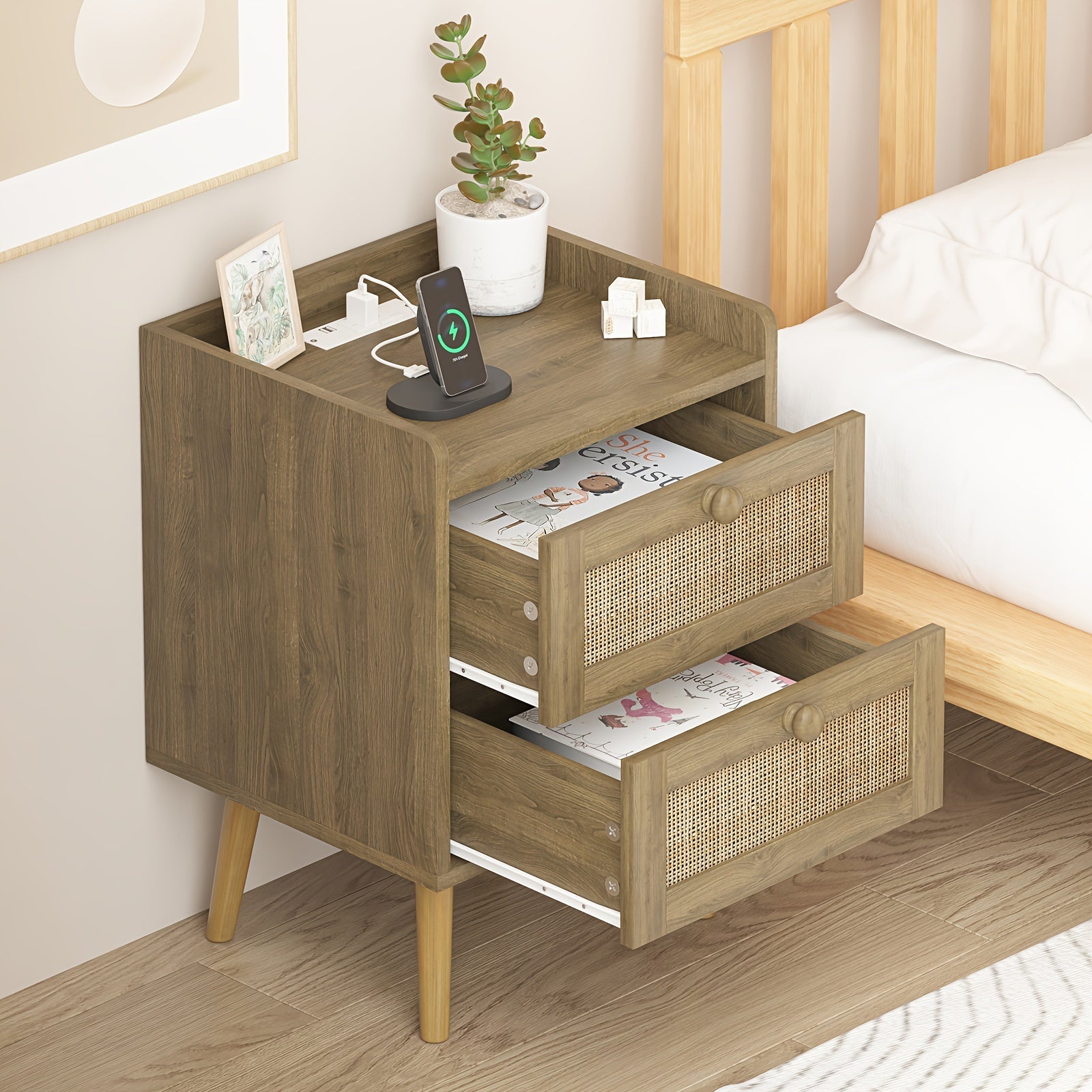 Rattan Nightstand with Charging Station, Rattan Boho End Table with 2 Drawers, Natural Bedside Table for Bedroom, Living Room