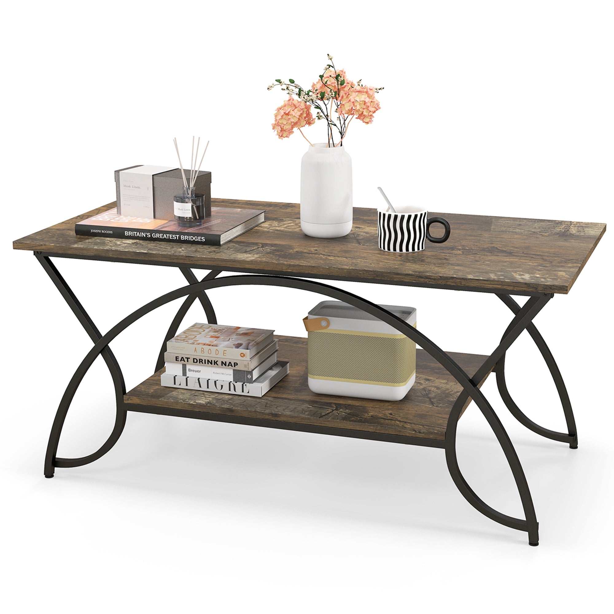 2-Tier Industrial Coffee Table Rectangular Cocktail Table with Storage Shelf Dark Brown