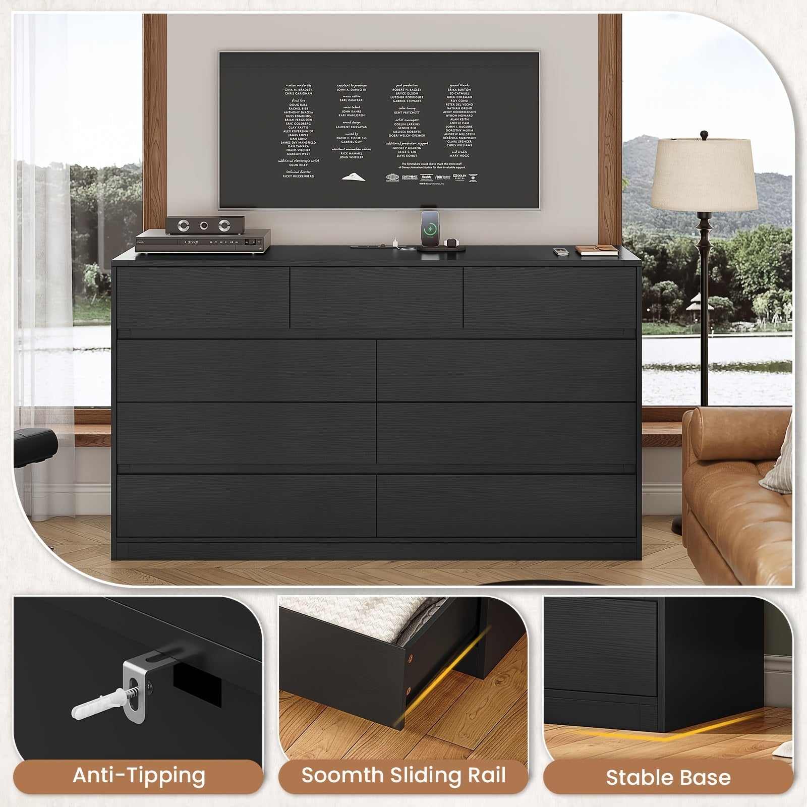 Black Vanity Dresser For Bedroom, 140cm Long Dresser With 9 Drawers, Dressers & Chest Of Drawers, Handle Free Drawers For Bedroom Living Room, Black