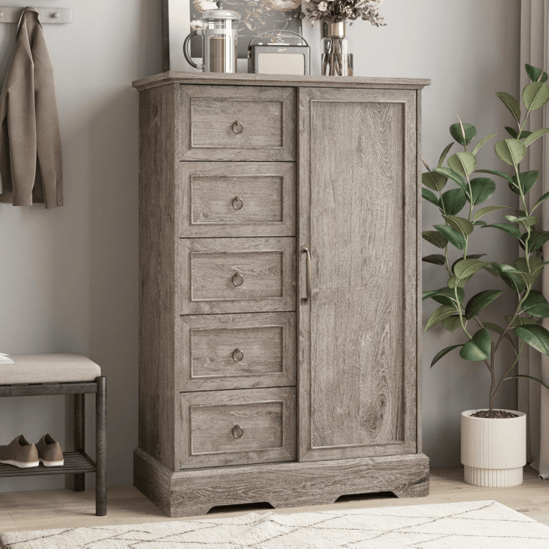 Farmhouse Dressing Table, Bedroom Drawer Storage Cabinet, 5-Drawer Dressing Table with Sliding Barn Door, 48 Inch High Wooden Countryside Dressing Table