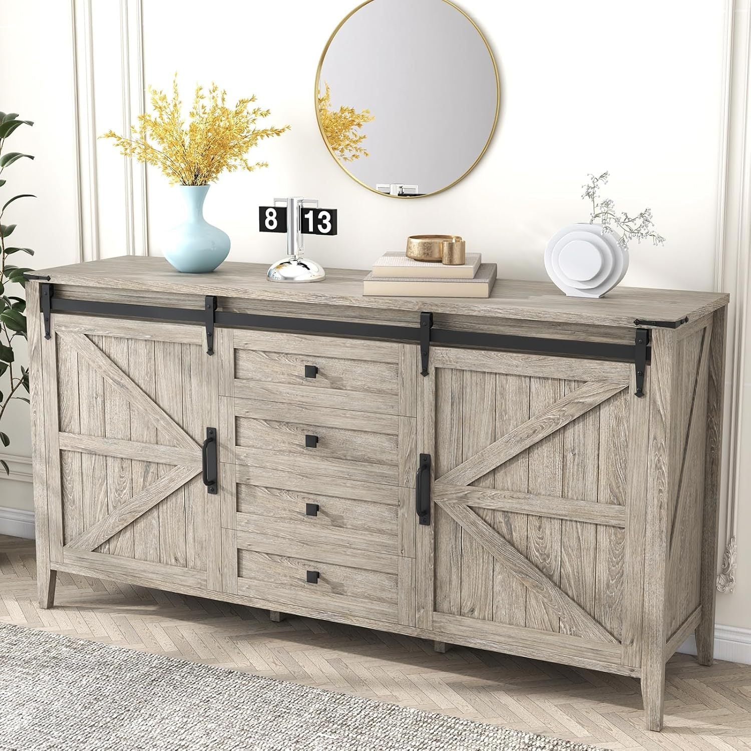 152cm Farmhouse 4 Drawers Dresser for Bedroom with Sliding Barn Doors, Natural Texture Wood Rustic Chest of Drawers for Living Room Bedroom Hallway Driftwood Gray