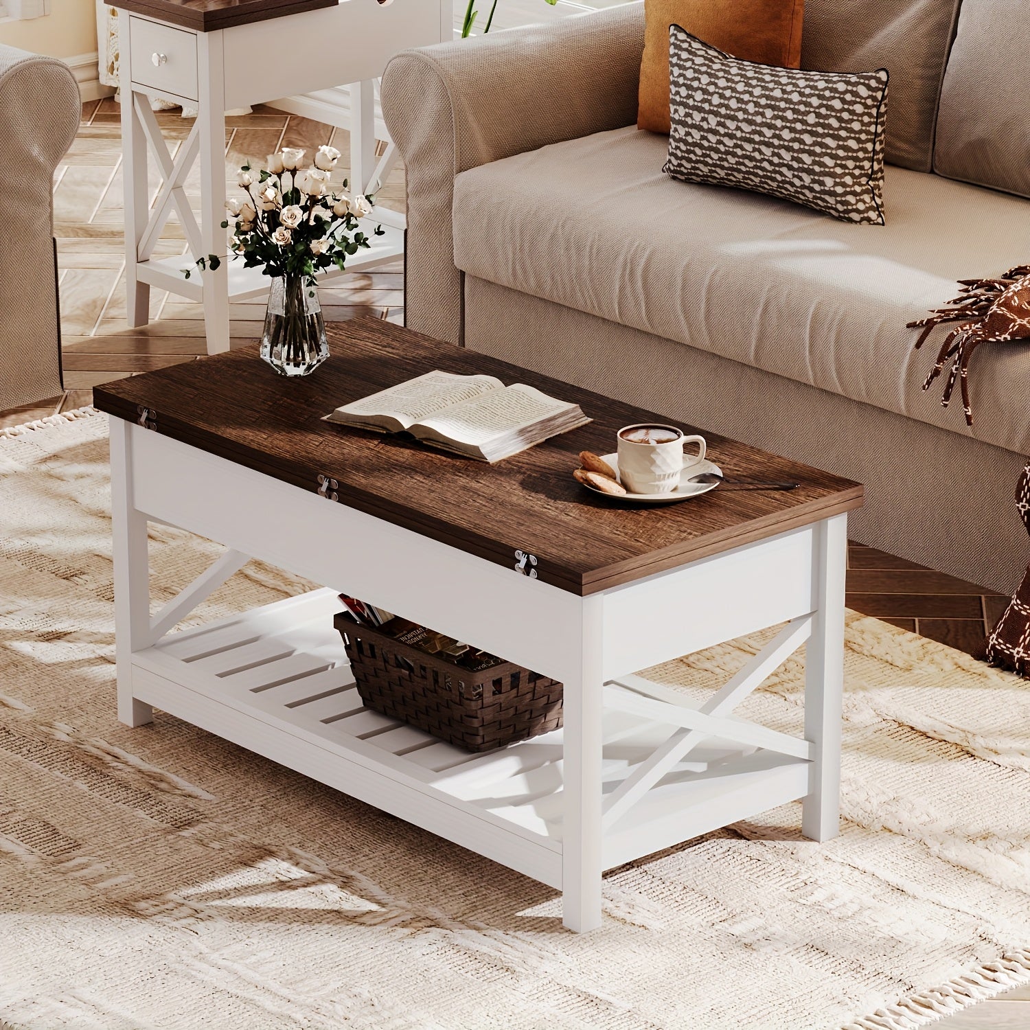 Versatile Farmhouse Coffee Table with Lift Top - Convertible to Dining, Storage & Hidden Compartment, Durable Wood Construction