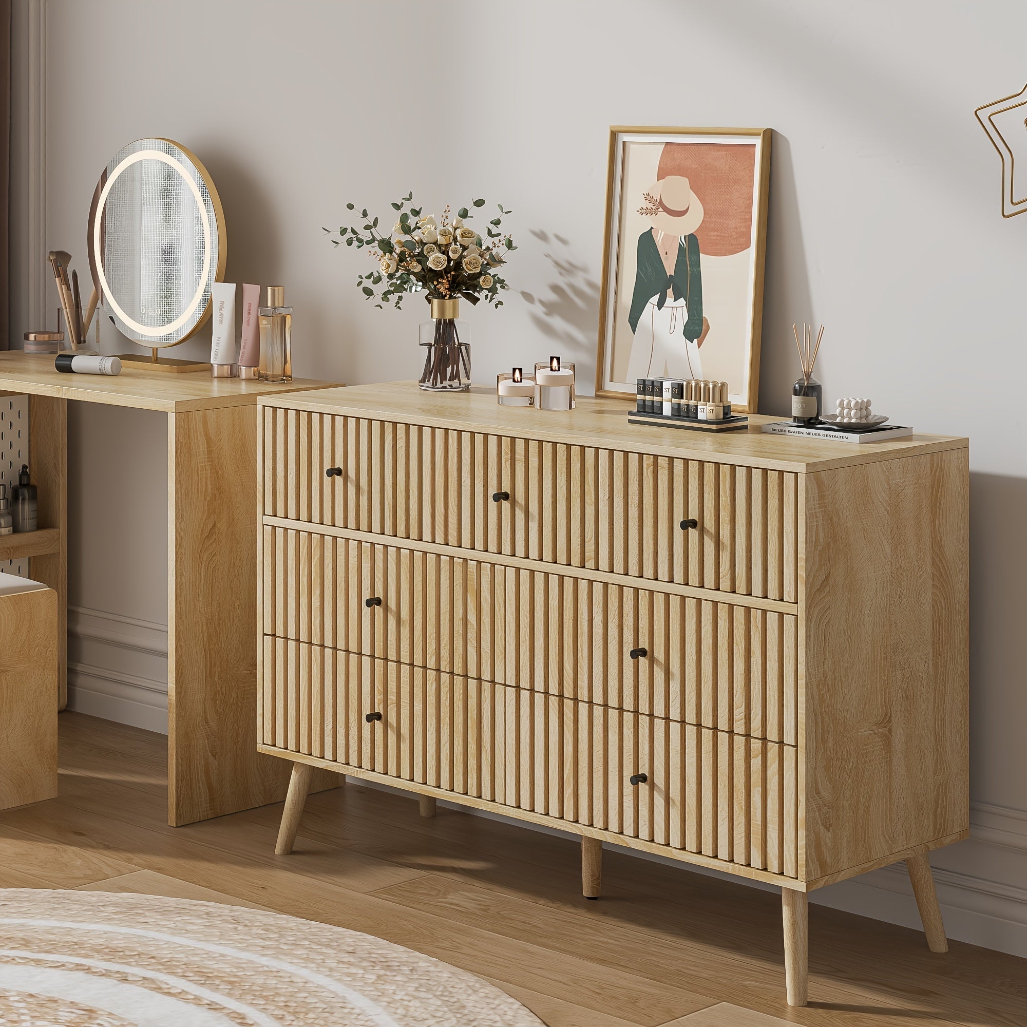 Modern Chest Of Drawers, Dresser Organizer Storage Cabinet With 7 Drawers Fluted Panel For Living Room, Entryway, Hallway