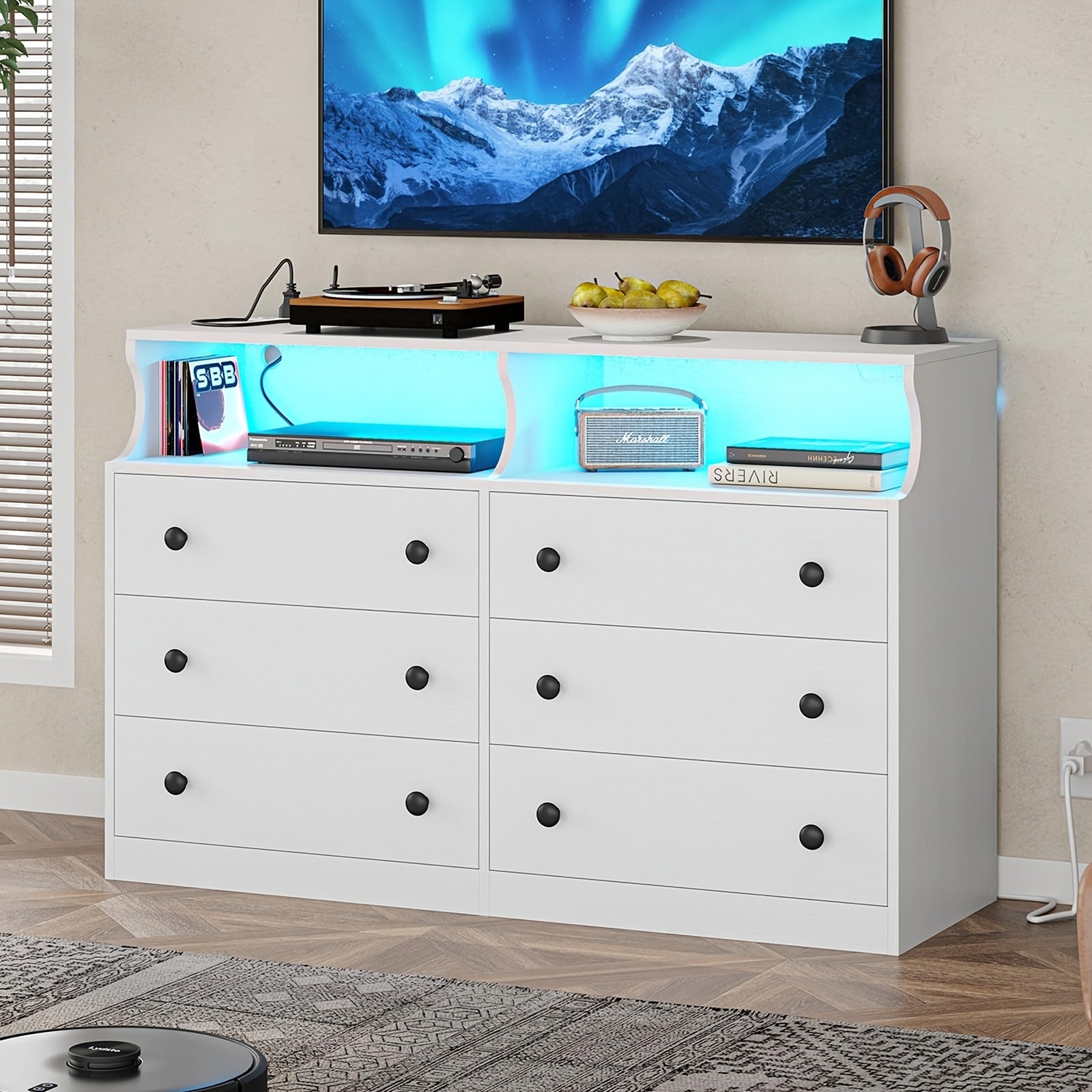 Bedroom Dresser, 6 Drawer Double Dresser With Charging Station With Open Storage, White