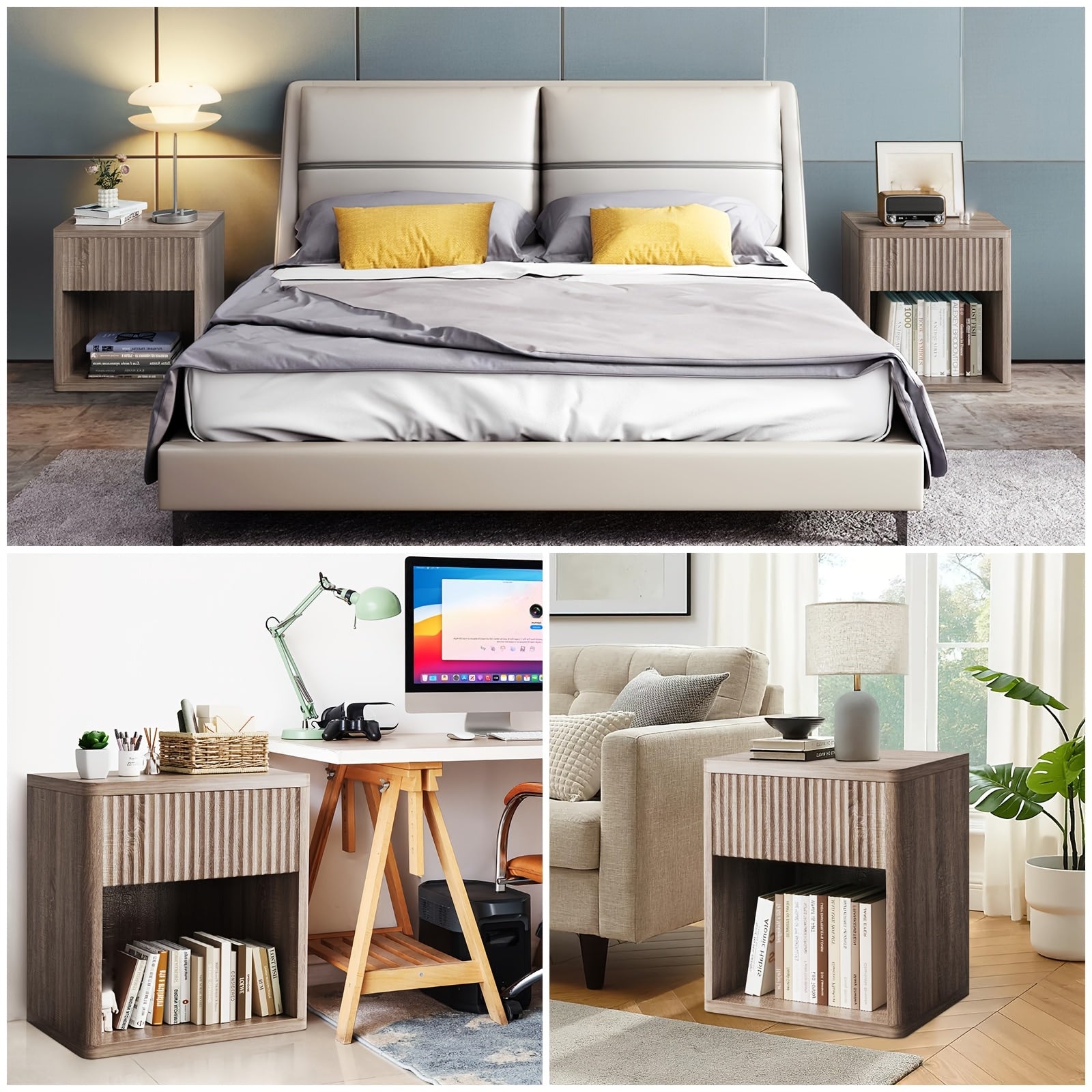 Modern Nightstands Set Of 2, Fluted End Table with Drawer, Sofa Side Table for Small Spaces, Wooden Bedside Table for Living Room Sofa Couch Office