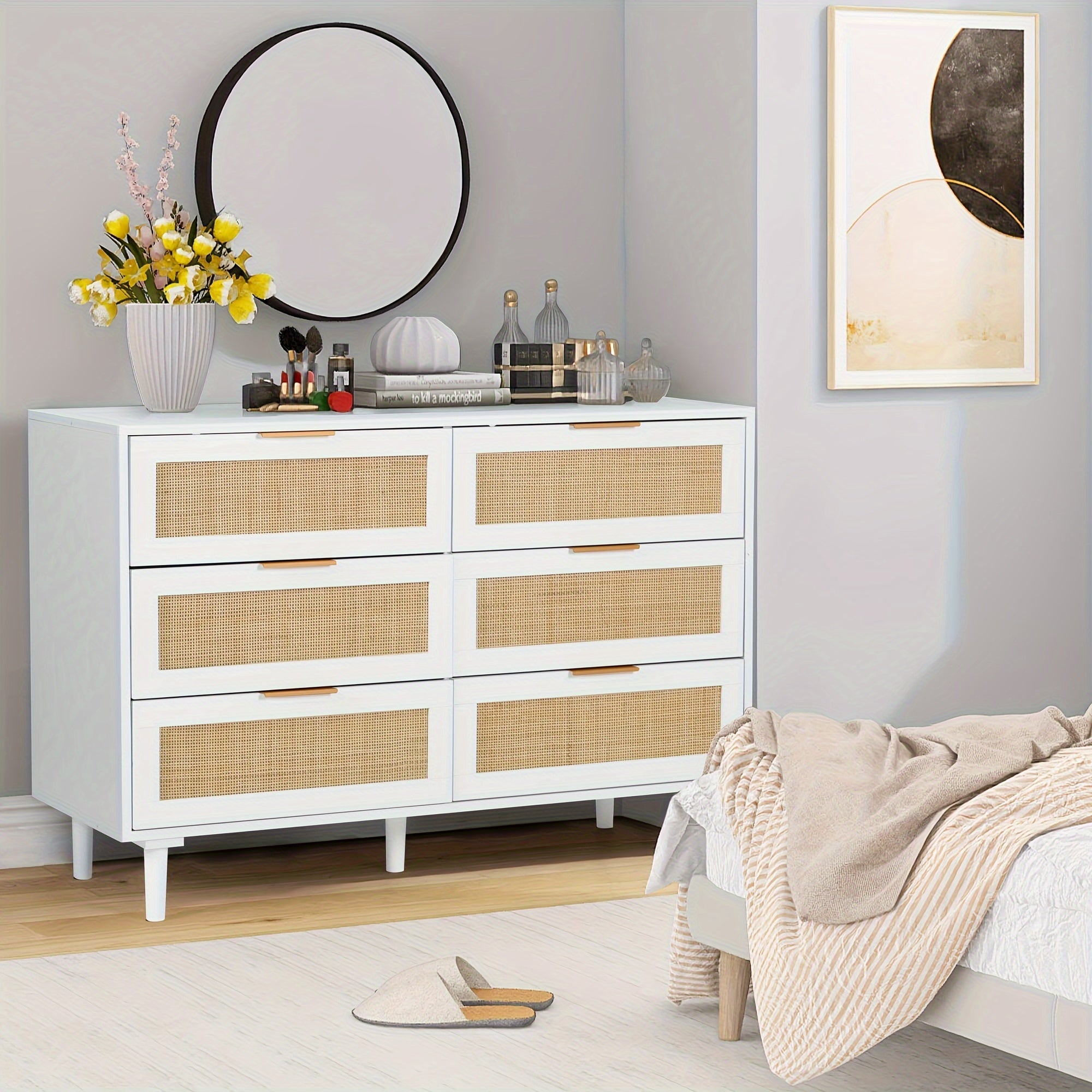 6 6 Drawer Dresser Rattan Dresser Modern Chest With Drawers, Wood Storage Closet Dressers Chest Of Drawers