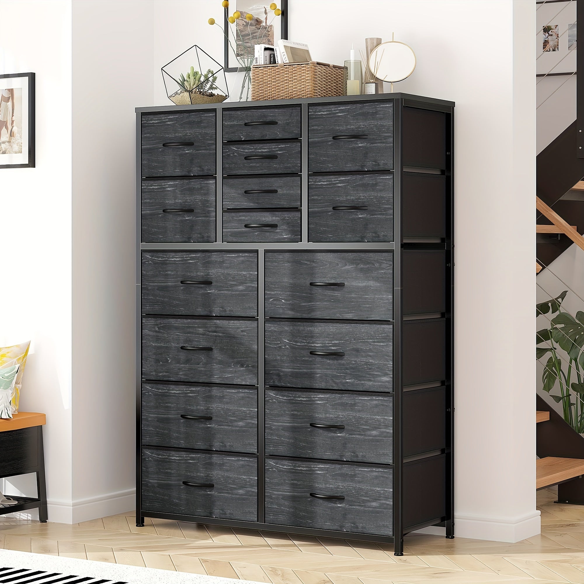 16 Drawers Dresser for Bedroom, Tall Dresser for Bedroom, Bedroom Dressers & Chests of Drawers with Wood Top and Metal Frame, Dresser for Bedroom, Closets, Living Room, Black Wood Grain