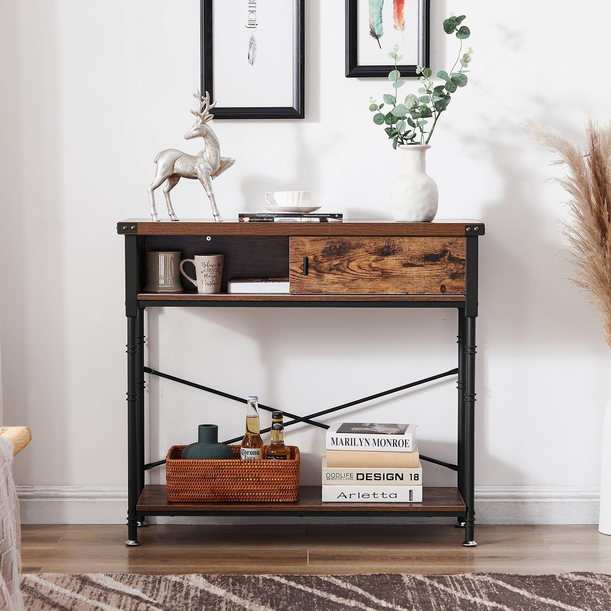 90 cm Console Table with Slide Drawer and Storage Shelf, Stable Metal Frame, Brown