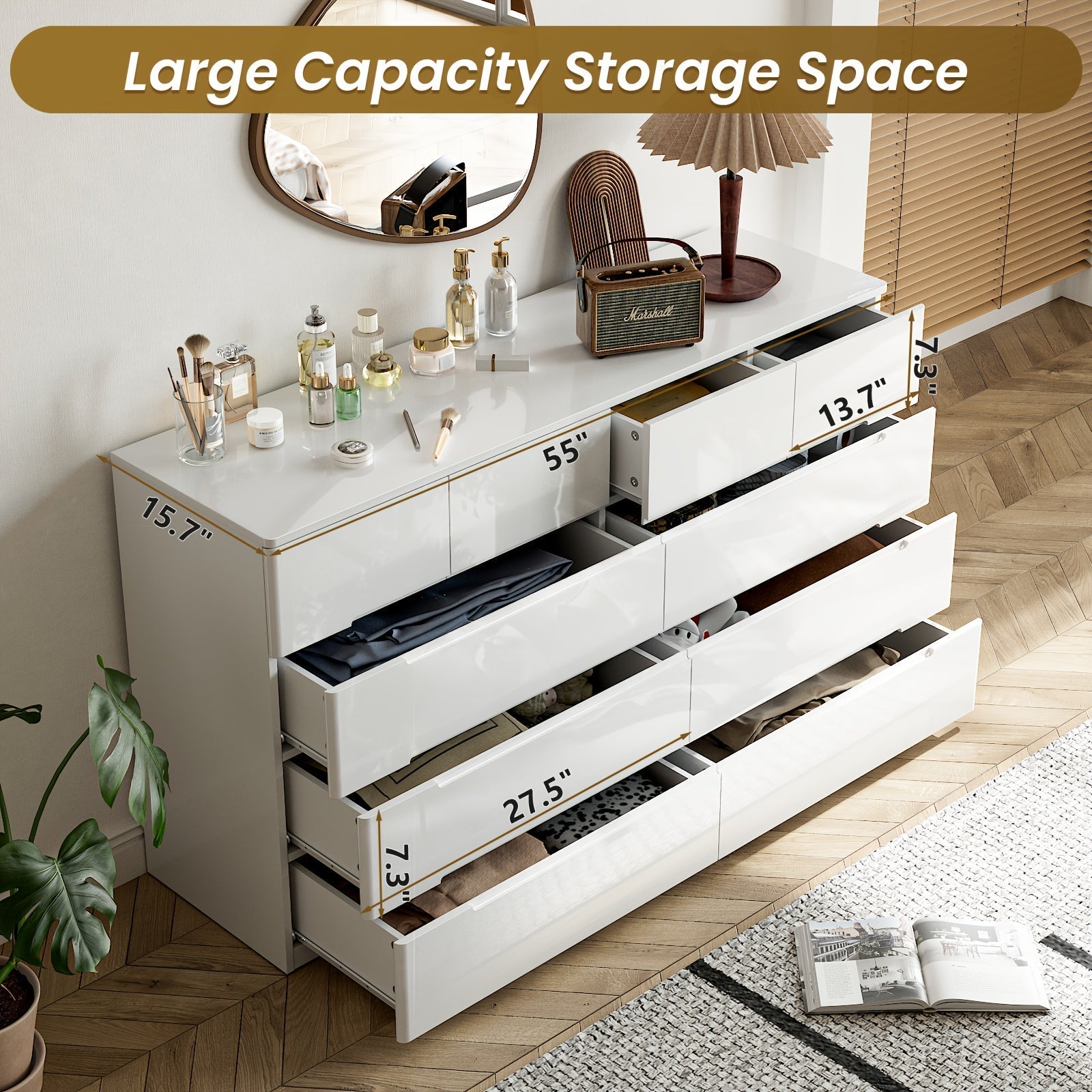 Classic 10-Drawer Dresser, High Gloss Hardwood Chest, Modern MDF Bedroom Furniture, Painted Finish, Large Capacity, with Independent Use, for Living Room & Cloakroom, No Electricity Required