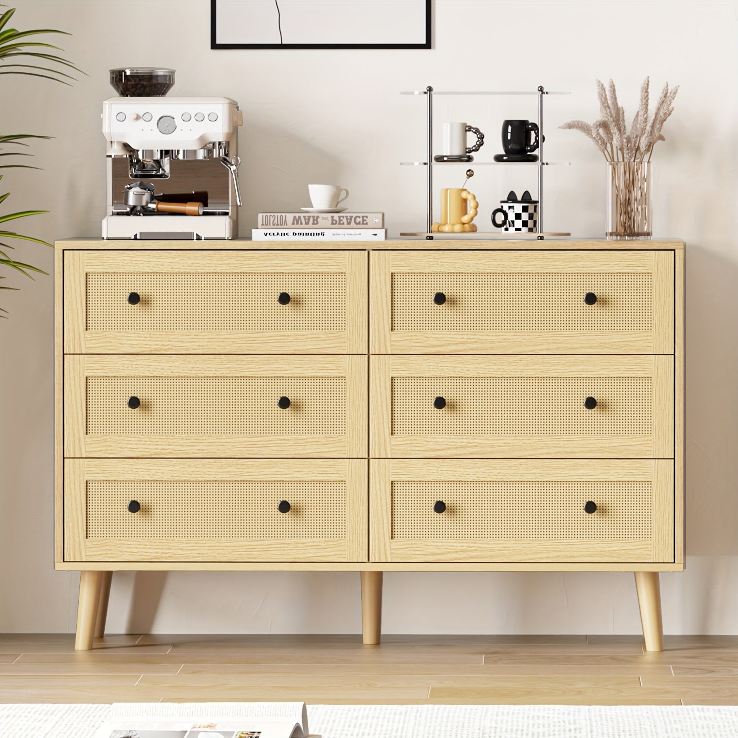 Rattan Dresser For Bedroom, 6 Drawer Double Dresser With Handles, Boho Chest Of Drawers With Deep Drawers For Living Room, Bedroom, Hallway