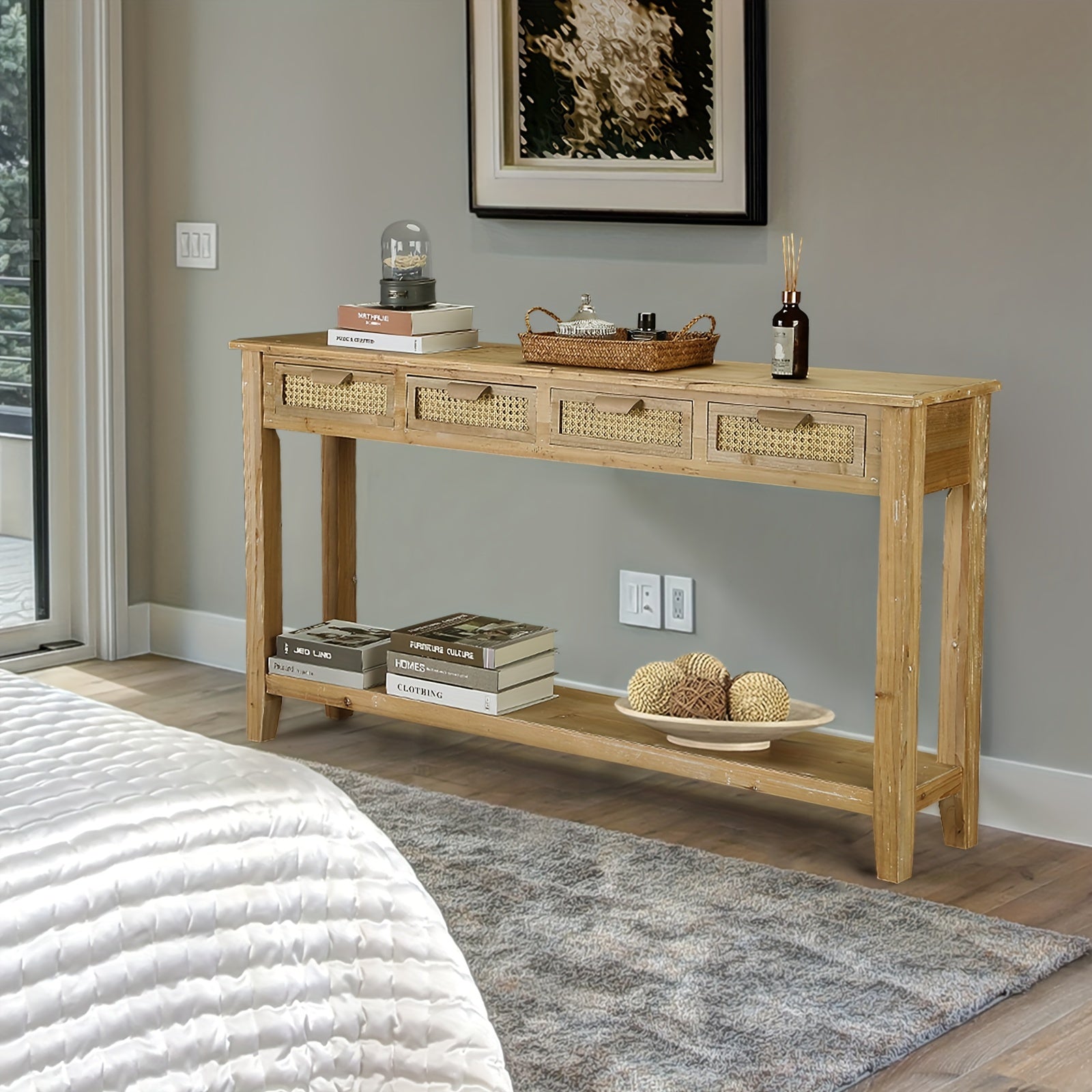 152 cm Farmhouse Console Table With 4 Rattan Drawers, Narrow Boho Foyer Table With Open Storage Shelves For Entryway, Hallway, Living Room