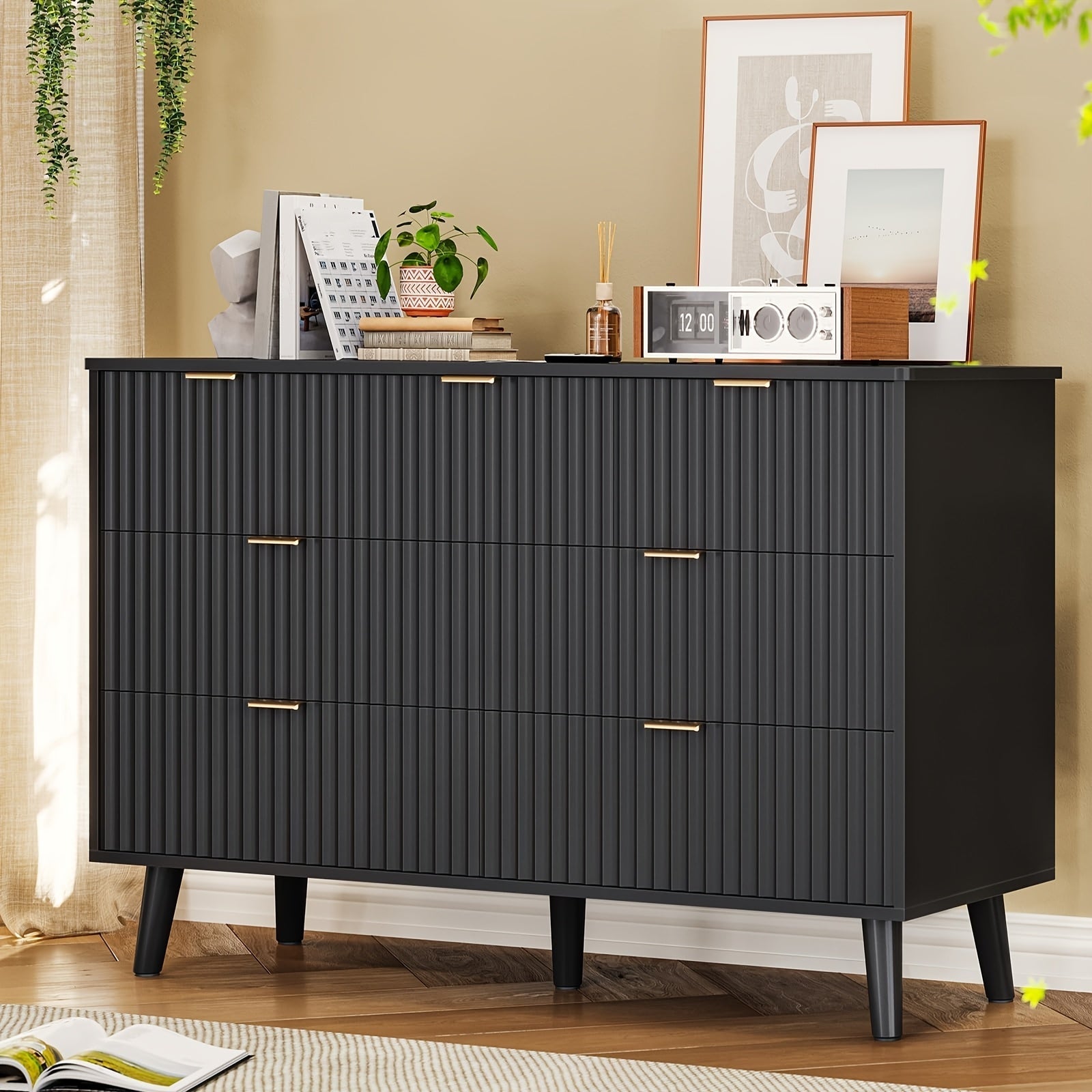 Dresser For Bedroom With Fluted Panel Design, 47.2'' Wide Mid Century Modern Fluted Dresser, 7 Drawers Chest Of Drawers With Golden Metal Handles, Black Organizer Storage Cabinet For Closet, Entryway