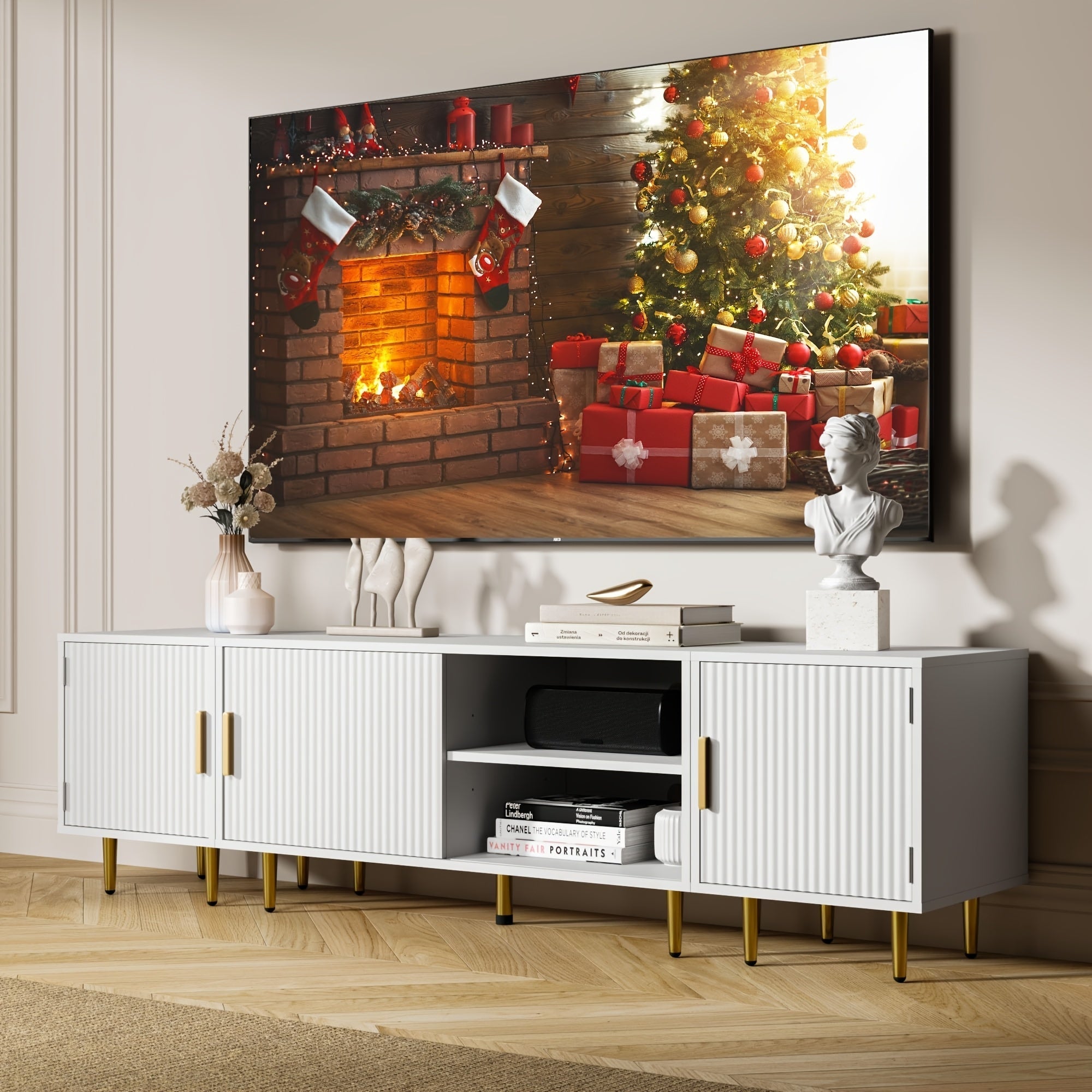 Elegant White 3-in-1 Adjustable TV Stand with Fluted Waveform Door - Modern Entertainment Center Featuring 2 Movable Storage Cabinets, Perfect for 50/60/70/80 Inch TVs - Ideal for Living Room & Bedroom