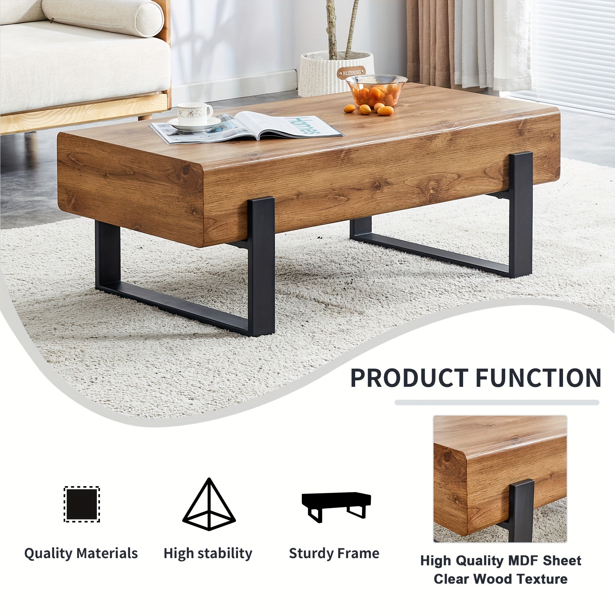 Rectangle Rustic Coffee Table, Modern Farmhouse Wood Simple Coffee Table With Metal Legs, Center Table For Living Room