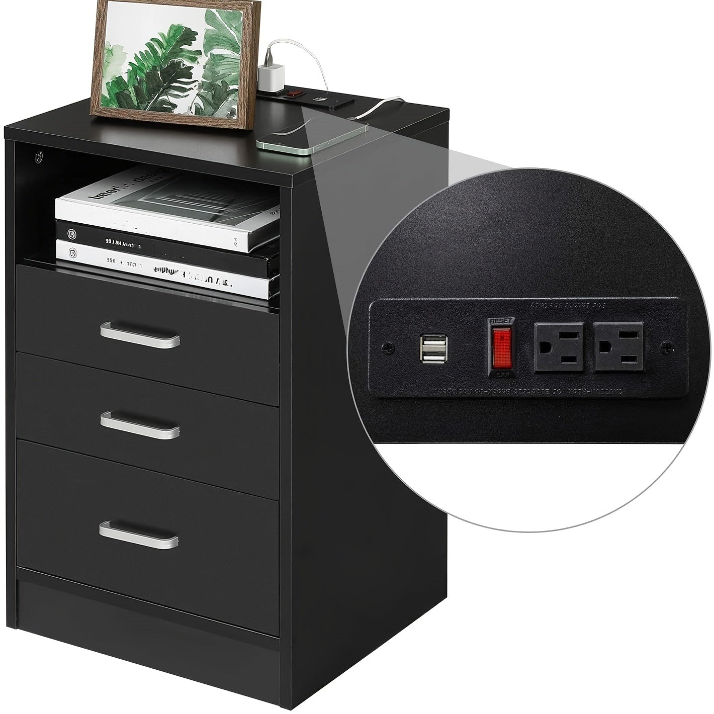 Black Nightstand with 3 Drawers amd Open Storage, Nightstand with USB Port, End Table Side Table Sofa Side Stand Cabinet with Sliding Drawer