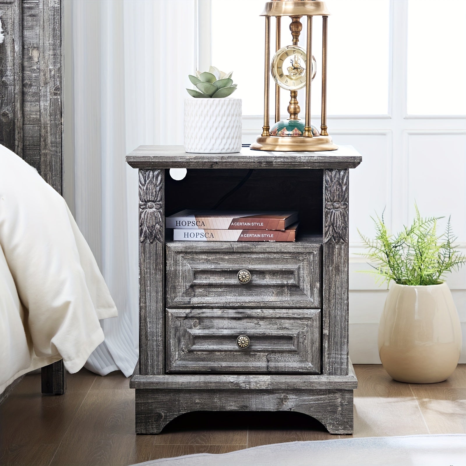 Charming Gray Vintage Farmhouse Nightstand - Multifunctional Bedside Table with Storage, Perfect for Bedroom & Living Room