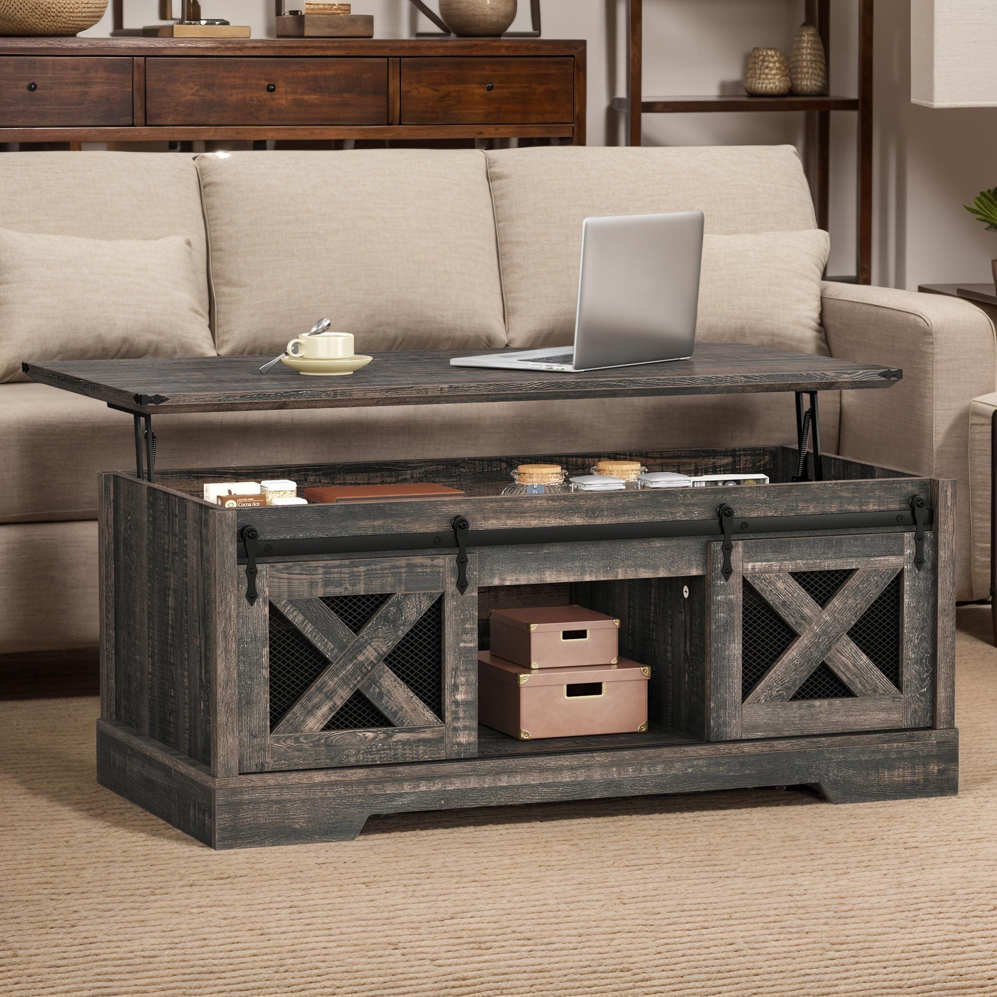 Rustic Oak Center Table with Lift- Top and Storage for Cozy Living Space, Thanksgiving Christmas Day Gift