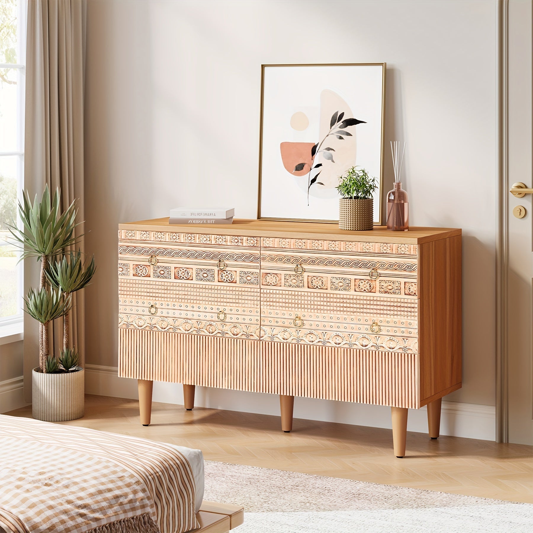 120cm Boho Accent Dresser, Double Wide Chest Of Drawers With 6 Carved Drawers, 6-Drawer Dresser Wooden Storage Dresser With Golden Metal Handles & Legs For Bedroom, Living Room