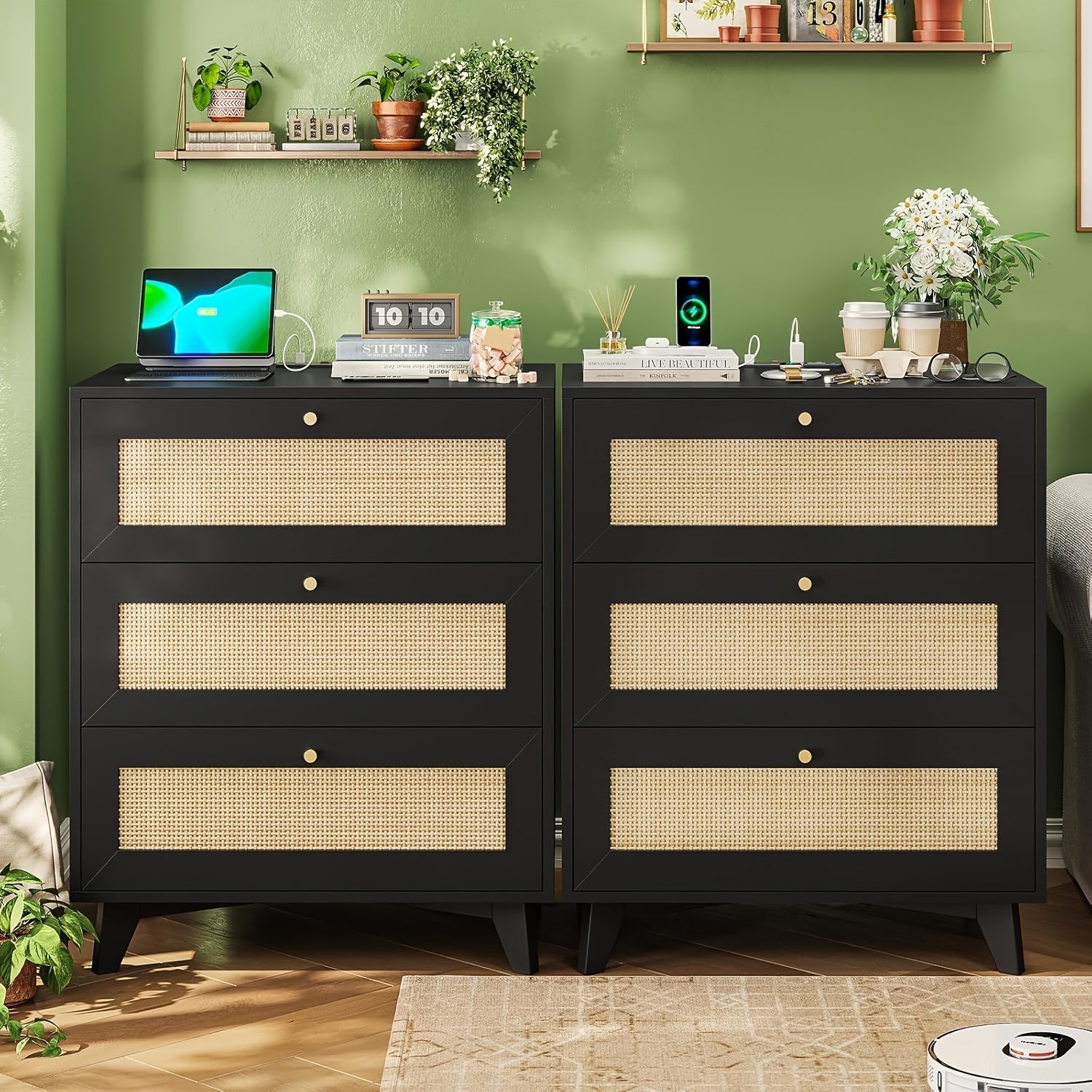 Rattan Nightstand With 3 Drawers Bedside Table With Metal Handle End Side Table For Bedroom