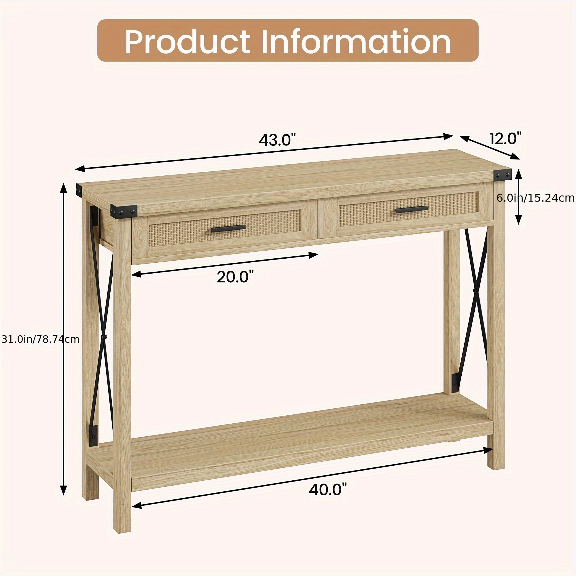 Boho Entryway Table With Rattan Drawers, Console Table For Entryway, 109 cm Wood Sofa Table With Storage For Living Room, Hallway, Foyer