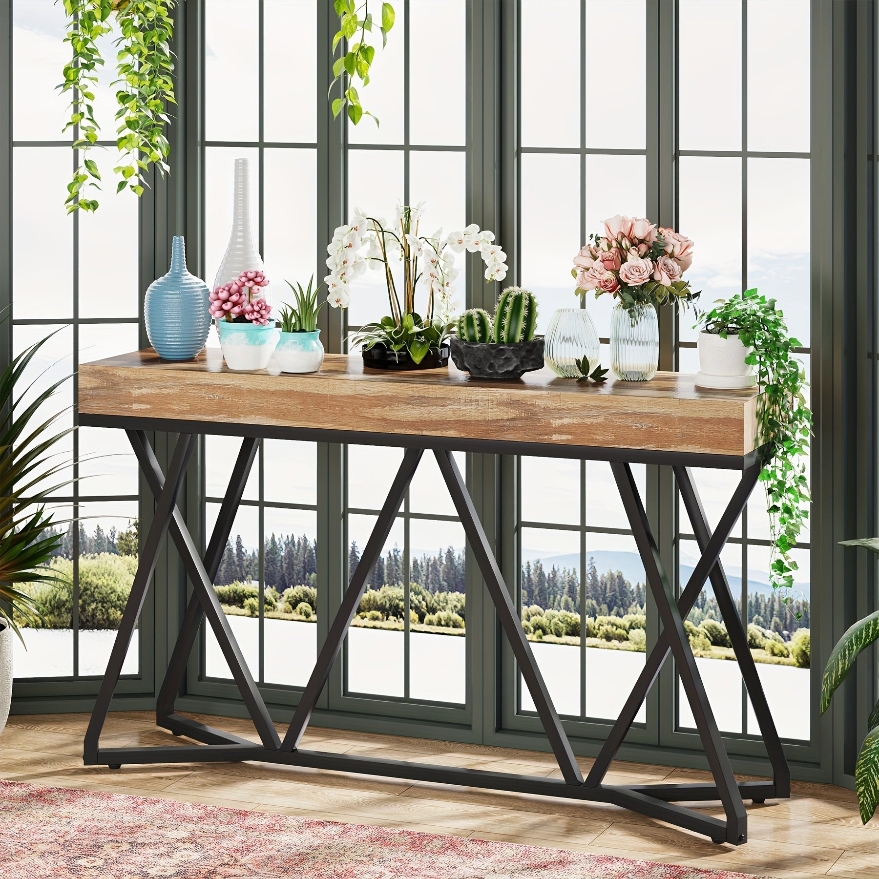 140 cm Farmhouse Industrial Entryway Table with Metal Base, Wood Console Sofa Table for Living Room, Hallway, Entrance - Black Frame with Brown Top, Under 90.7 L Storage Capacity, Over 68.6 cm Height