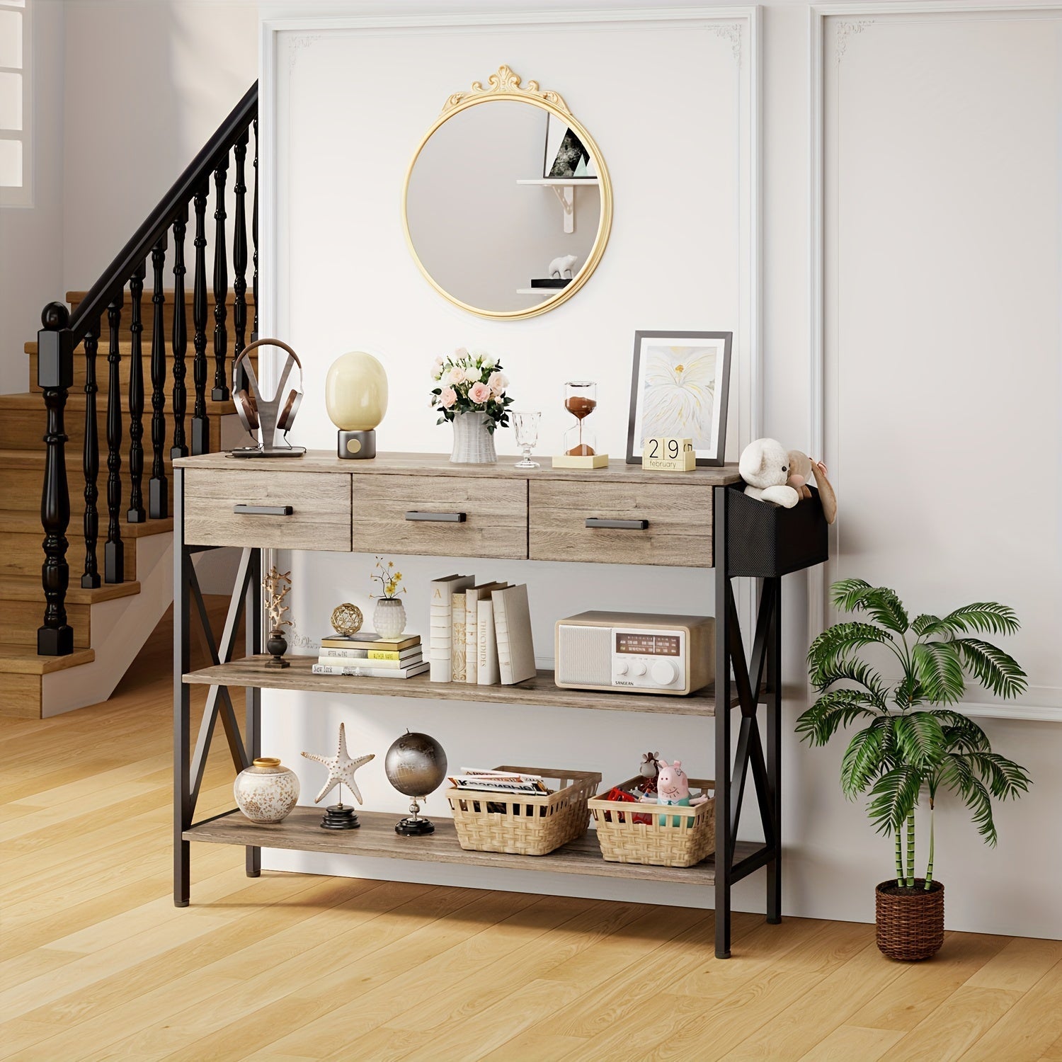 119 cm Console Table - Featuring Spacious Three Drawers and Three-Tier Shelves for Storage, Durable MDF Construction for Longevity, Easy Assembly Ideal for Hallways, Entryways, and Living Spaces