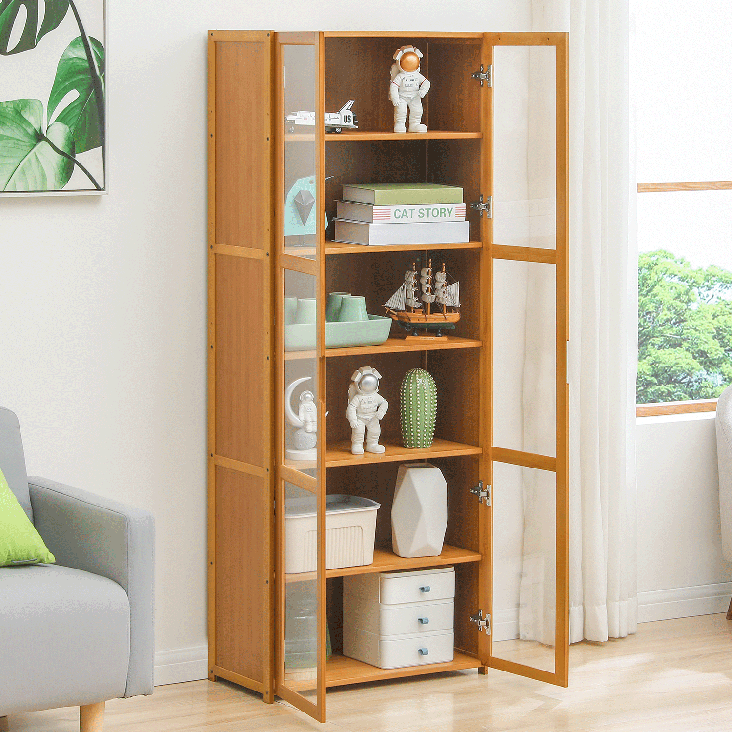 6 Tier Tall Bookcase with Acrylic Doors Bamboo Storage Cabinet Bookshelf Display Shelves for Home Office Bedroom Living Room, Brown