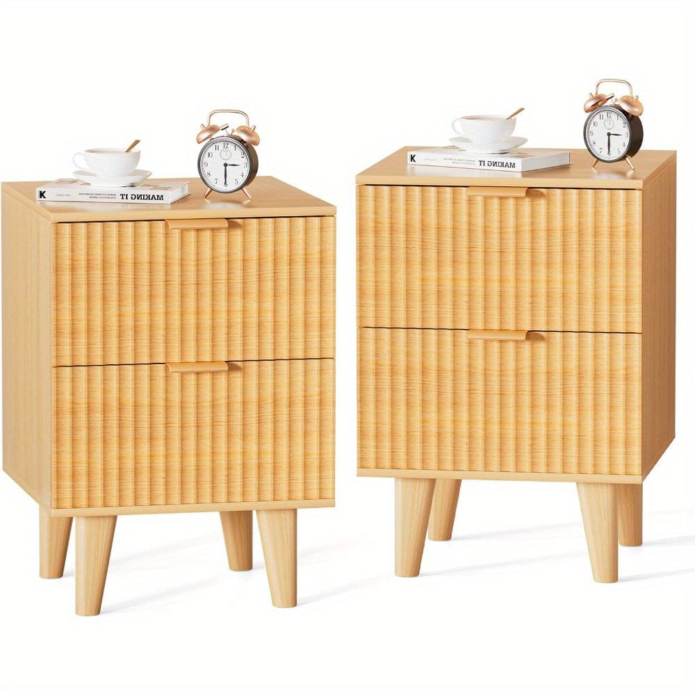 Urban Deco Fluted Nightstands Set 2, Mid Century Modern Nightstand, Wooden End Table with 2 Fluted Drawers & Storage for Bedroom (Natural)