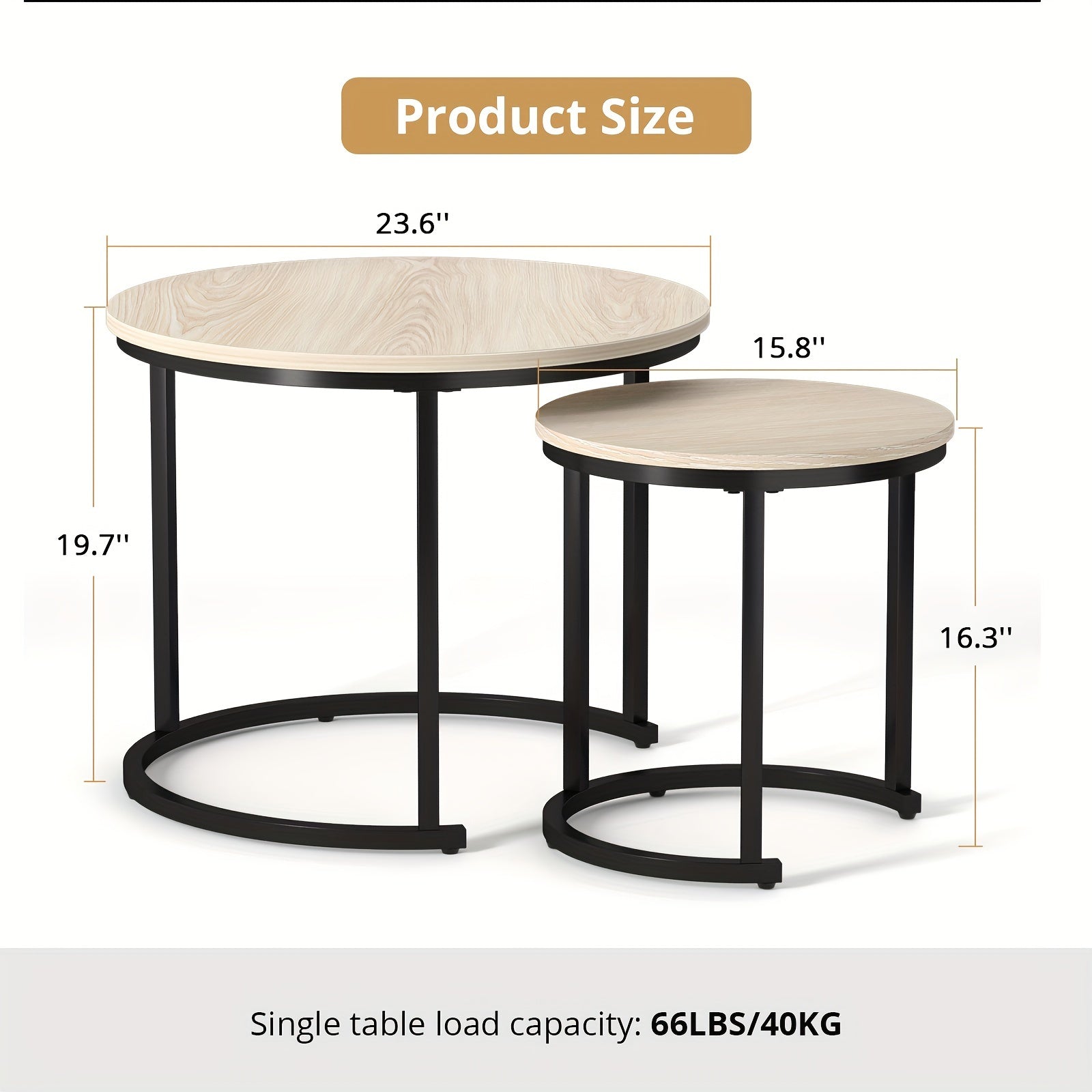 Coffee Tables for Living Room - Small Round Set of 2, Center Table with Solid Wood Grain Table Top and Sturdy Metal Frame, Nesting Tables for Small Spaces, Easy to Assemble