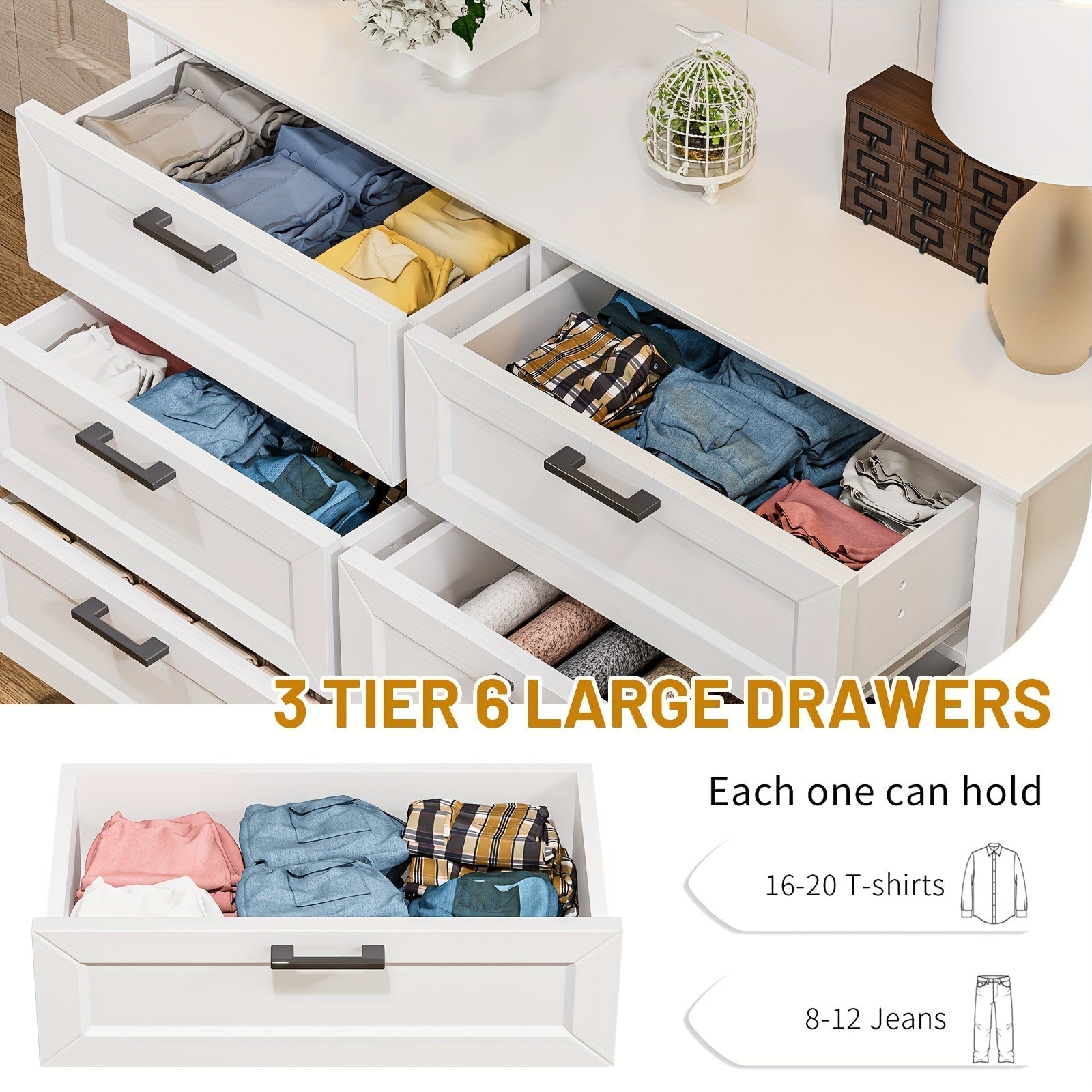 6 drawer dresser, Wooden Modern Style Wide Chest of Drawers, Storage Dressers Organizer for Bedroom, Living Room, Children's Room, White