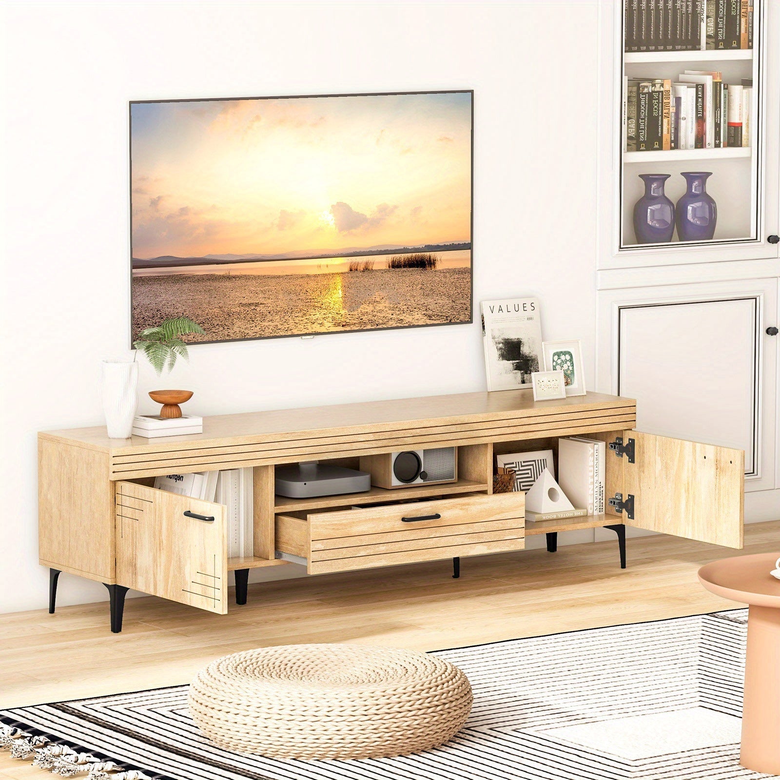 Mid Century Modern TV Stand for 65" TVs - Engineered Oak Wood with Metal Legs, Cable Management, Storage Drawer & Cabinets, Ideal for Living Room and Bedroom, Media Cabinet Console Table, Entertainment Center