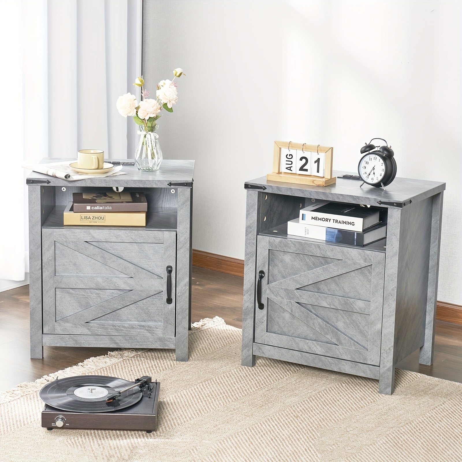 Farmhouse End Table With Charging Station, 21'' Rustic Nightstand With Barn Door, And Open/Closed Storage, Set Of 2 For Living Room Or Bedroom.