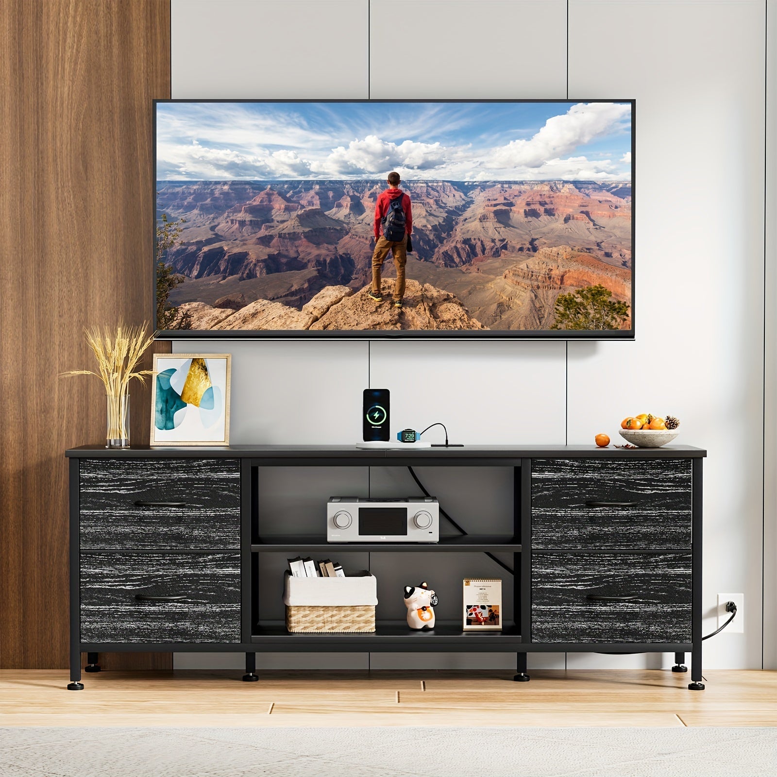 Dresser TV Stand, Entertainment Center Power Outlet With Fabric Drawers, Media Console Table With Metal Frame And Wood Top For TV Up To 60 Inch, Chest Of Drawers For Bedroom