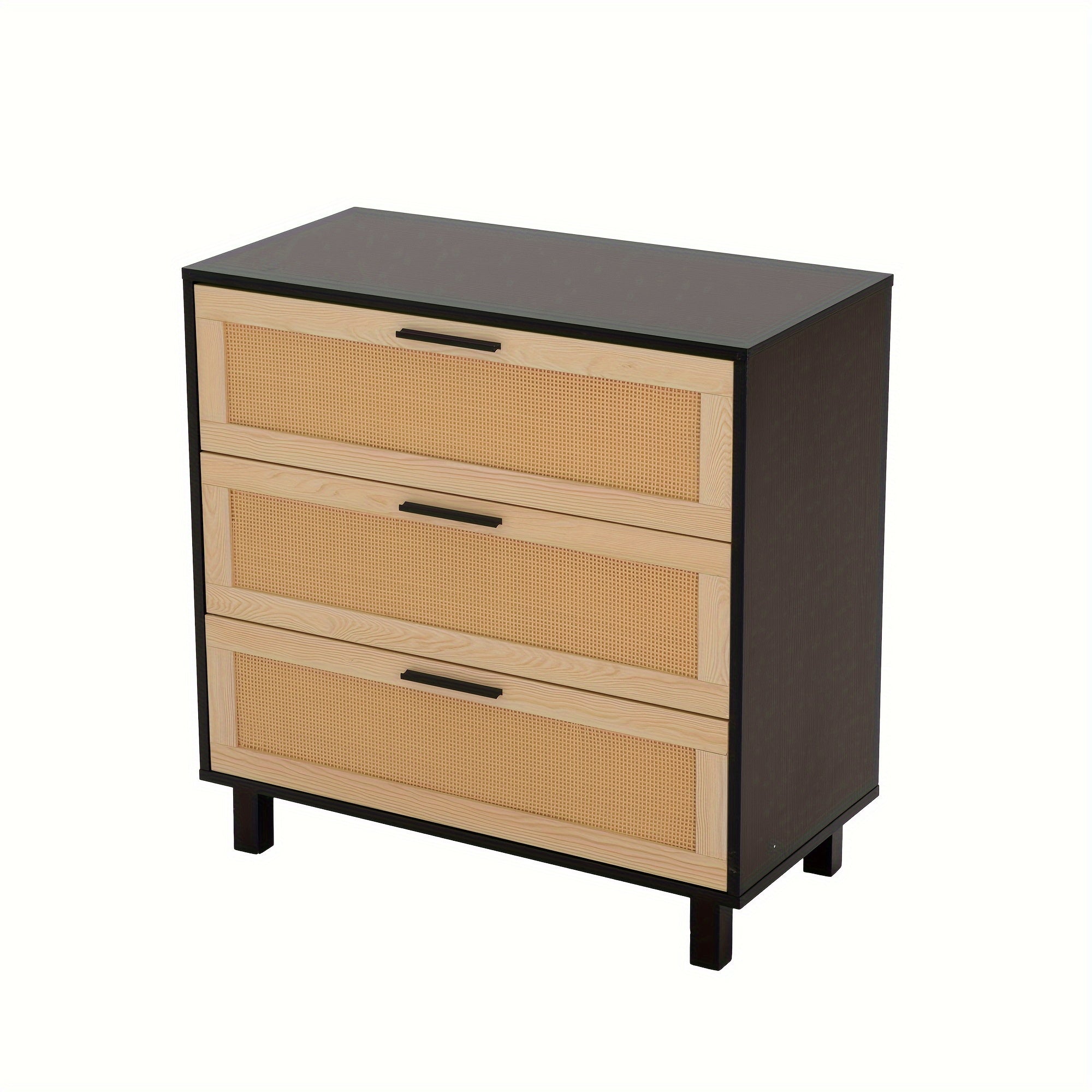 Modern Black Rattan Bedside Storage Cabinet with Solid Wood Legs - Versatile 3-Drawer Unit for Bedroom, Dining Room, Living Room, Entryway & Kitchen Decor, Shelf for Bedroom