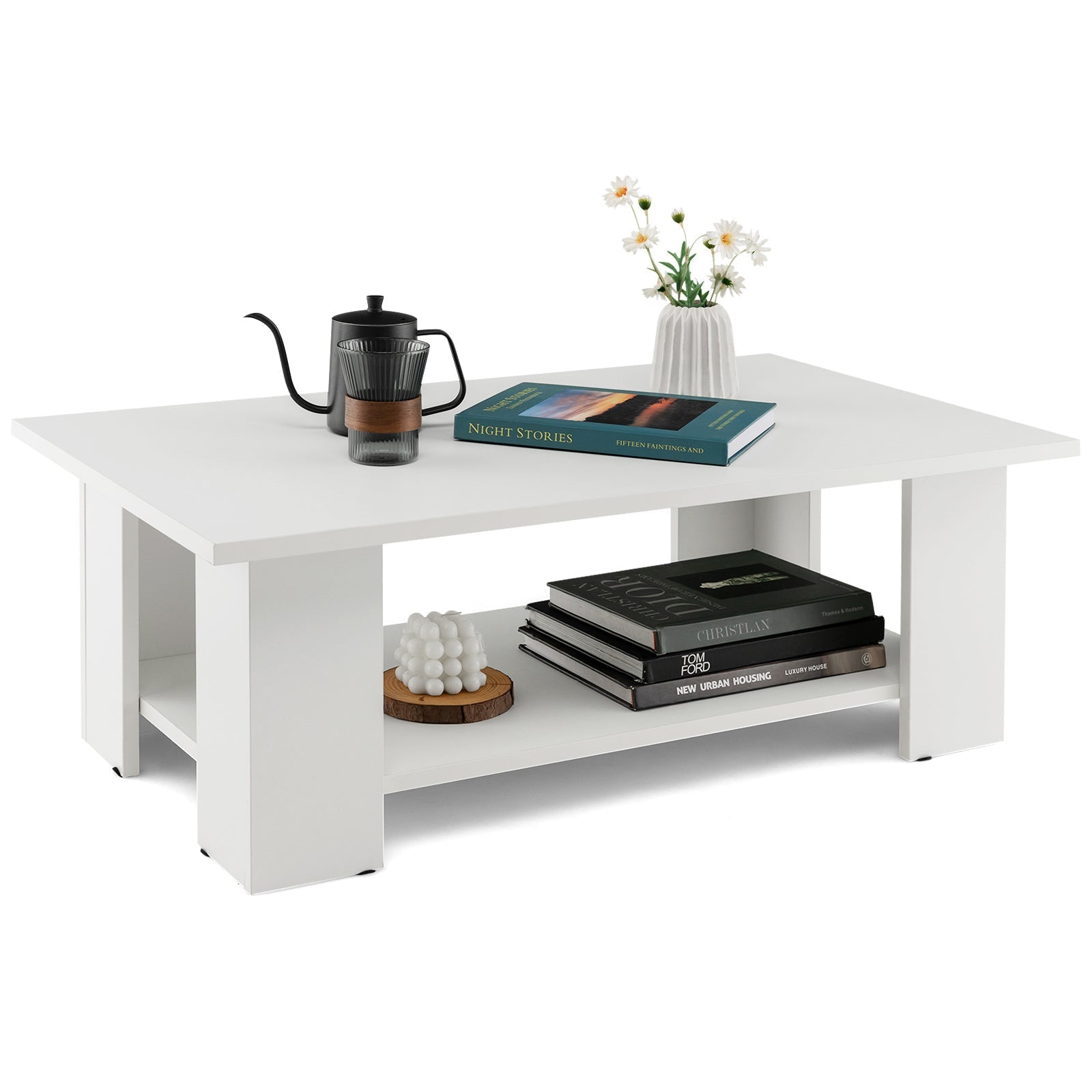 Elegant 2-Tier Coffee Table with Storage Shelf - Modern Center Cocktail Table for Living Room, Durable Hardwood Construction